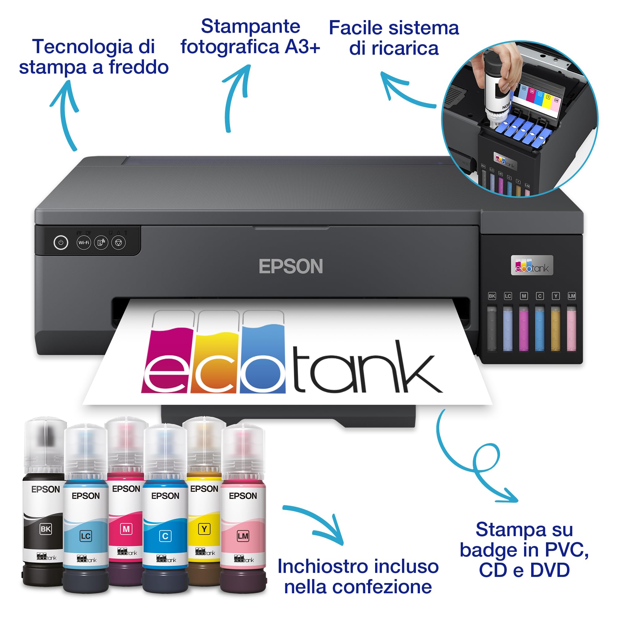 Epson EcoTank ET-18100 Stampante con Serbatoi D’inchiostro | Stampa Fotografica | Inchiostri 6 Colori | Wi-Fi | A3+| Stampa Su CD/DVD E Carte PVC | Supporti Speciali Fino All'A3+