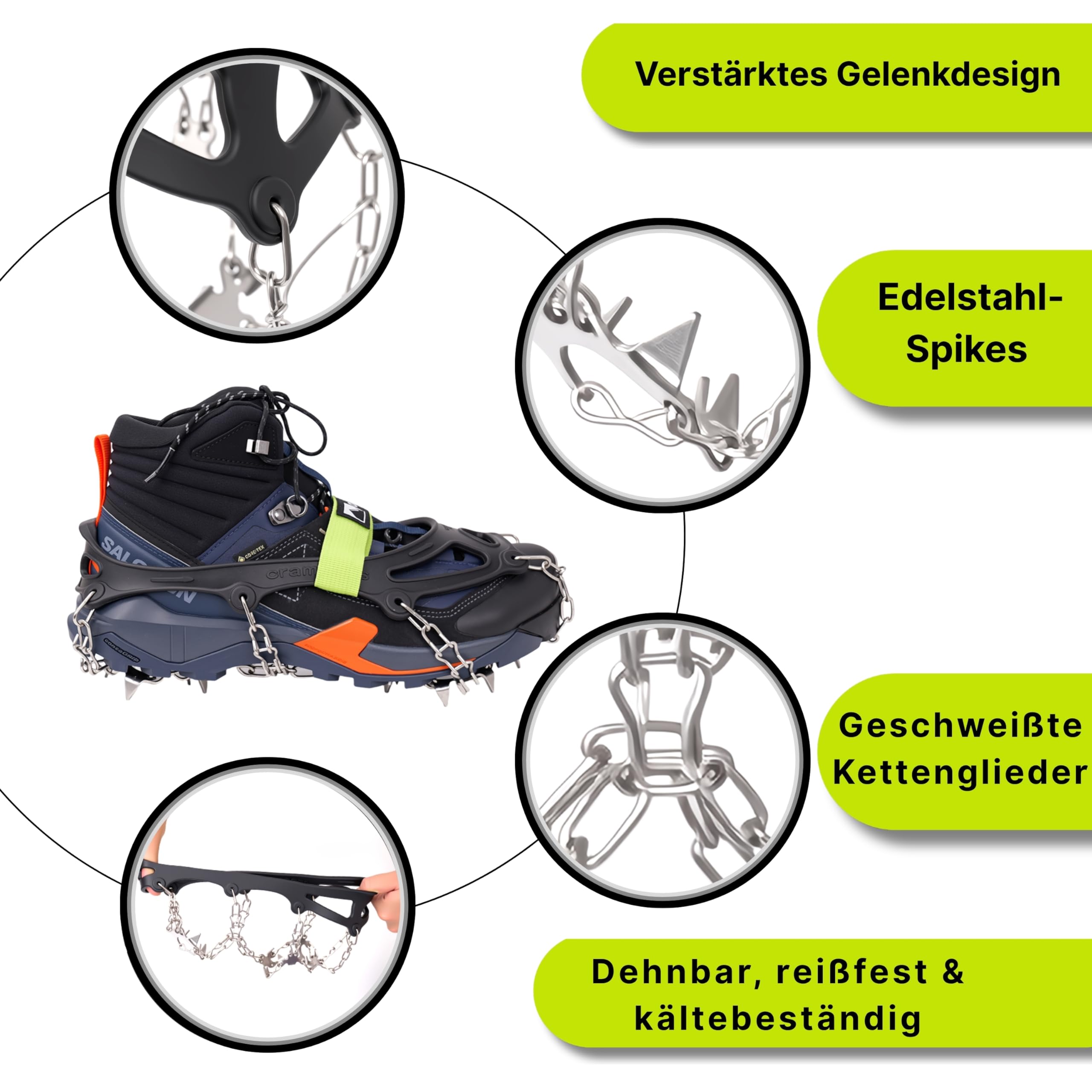 EisKralle – Grödel Steigeisen mit 19 Edelstahl-Spikes – Eiskrallen & Schuhspikes für Wanderschuhe – Anti-Rutsch Schuhkrallen für EIS & Schnee – Ideal zum Wandern, Joggen & Klettern im Winter