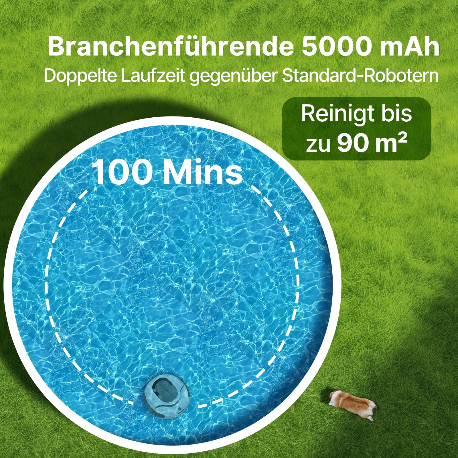POOLPURE Akku Poolroboter 2026 – Kabelloser Poolsauger mit 100 Min Laufzeit, Automatischer Poolreiniger für Flache Aufstellbecken bis 90m², Dual Hall-Sensoren, 5000mAh, IPX8