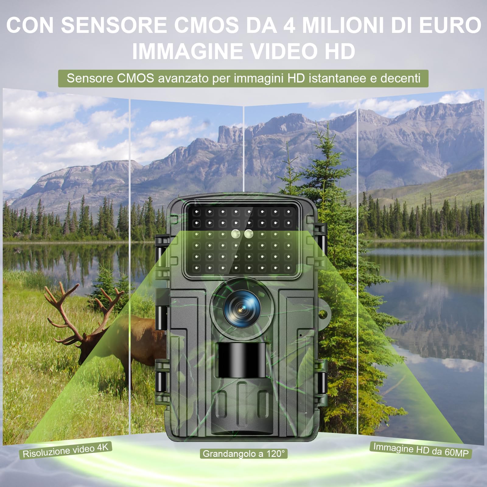 Fototrappola WiFi 4K 60MP con App,Fototrappola Notturna con IR Visione 120 Ultra Grandangolo, Sensore di Movimento visione nottuma, fotocamera termica, caccia, 0,2s, 940nm,bassa luminosità, infrarossi