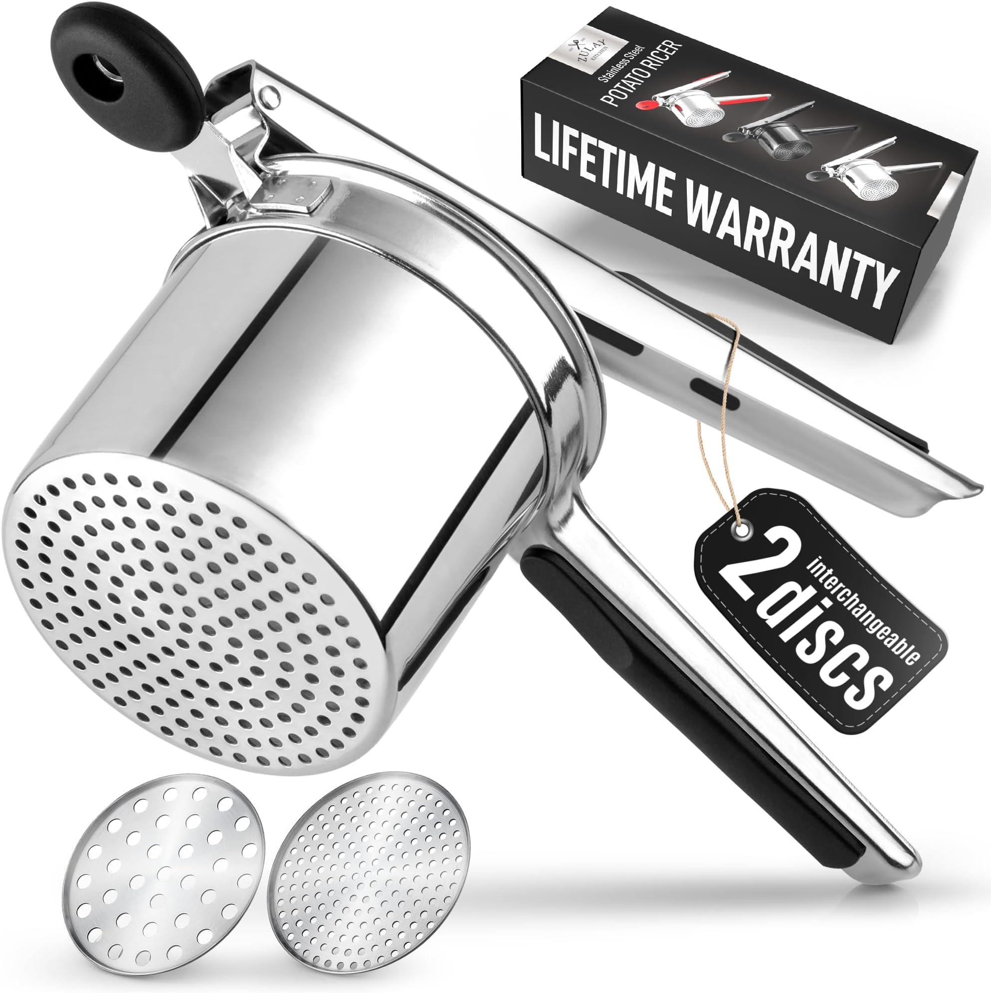 Premium Large 15oz Potato Ricer, Heavy Duty Professional Stainless Steel Potato Masher and Ricer Kitchen Tool, Press and Mash Kitchen Gadget - Silver/Black