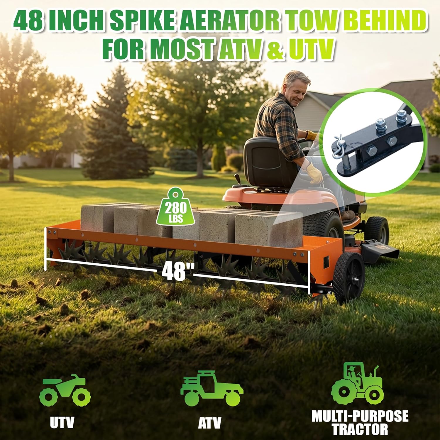 48" Spike Aerator Tow Behind, Lawn Aerator Tow Behind with Universal Hich, Orange Galvanized Steel and Includes a Pallet Capable of Supporting 280 Pounds, Pull Behind Aerator for Garden, Farm and Lawn