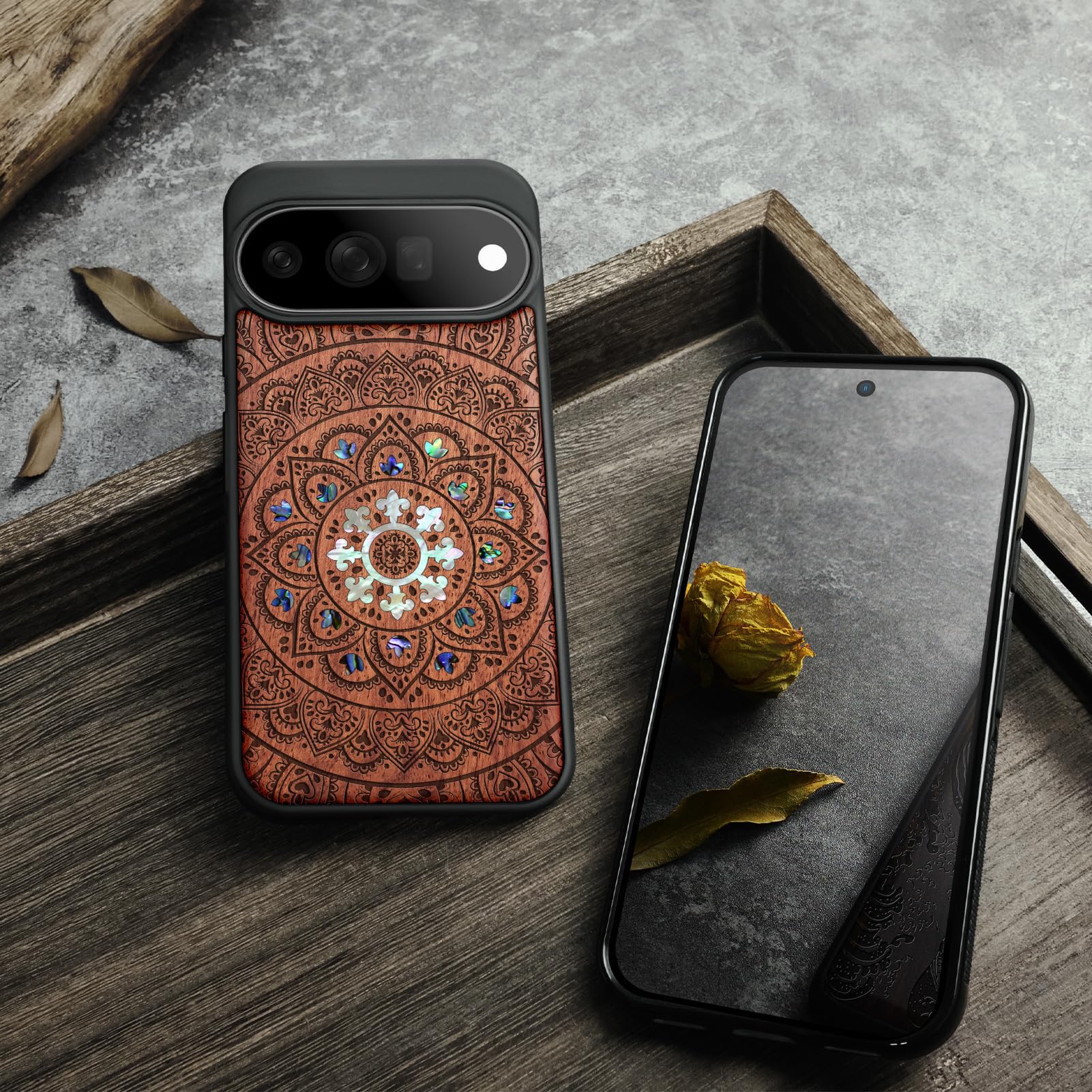 Carveit Madera Funda para Google Pixel 11 Pro (Rosa-Mándala Floral) | Compatible con MagSafe [Grabado en madera e incrustación de mejillones] Magnética Cover para Pixel 11 Pro Carcasa