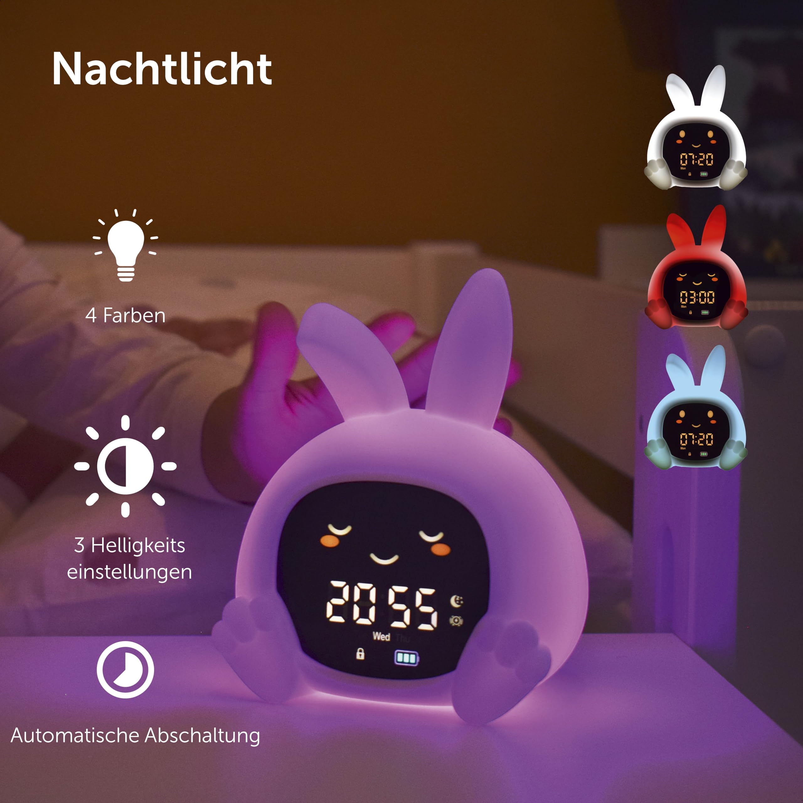ZAZU Sarah Sleeptrainer für Kinder – Nachtlicht (5 Farben), Soundmaschine, Wecker mit 6 Sounds, Augen öffnen/schließen, wiederaufladbar inkl. USB