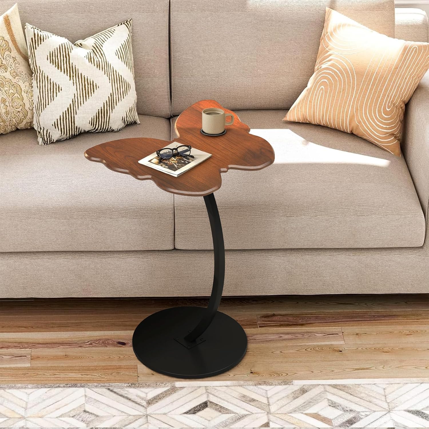 C-Shaped End Table - Small Side Table for Couch, Butterfly Coffee Tables for Small Spaces, End Tables Living Room, Bedroom, Bedside - Walnut Color