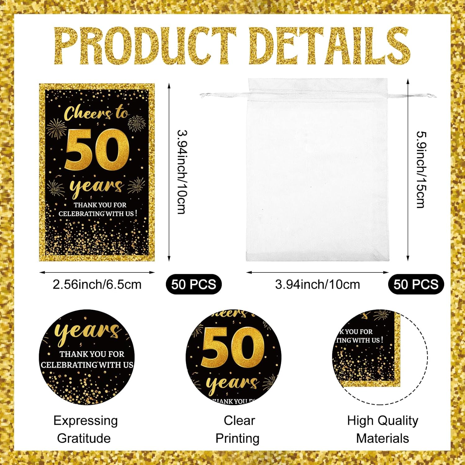 50 Sets Happy 50th Anniversary Shot Glasses Wedding Anniversary Acrylic Shot Glasses Bulk with Cheers to 50 Years Card Organza Bag 50th Wedding Party Favor Souvenir Return Gift for Guest - Image 3