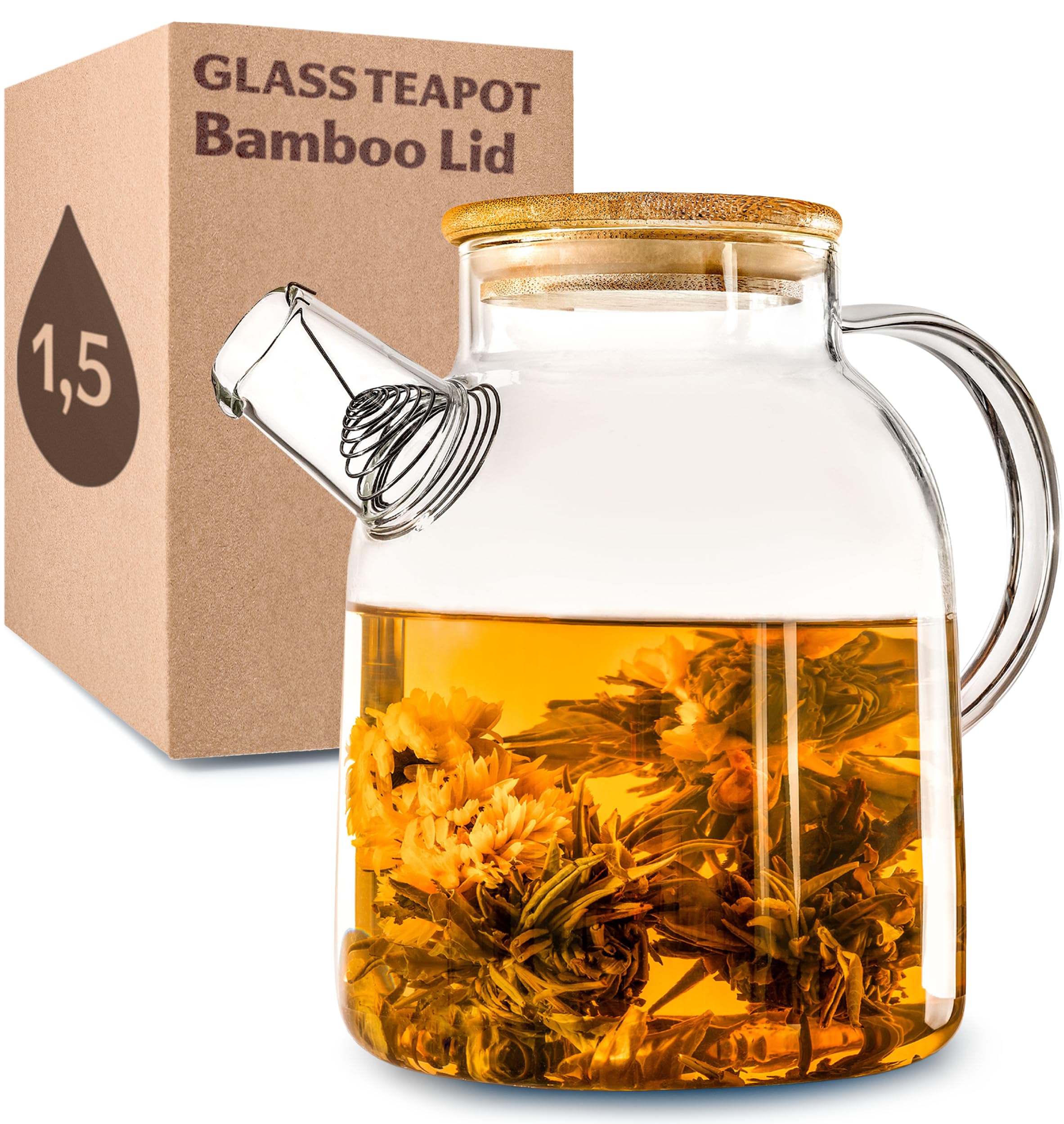 Cosumy Glass Teapot 1500ml - Large Teapot with Spout Strainer for Loose Leaf Tea / 53 Oz with Bamboo Lid - Heat Resistant Jug - Dishwasher Safe - Stovetop Safe