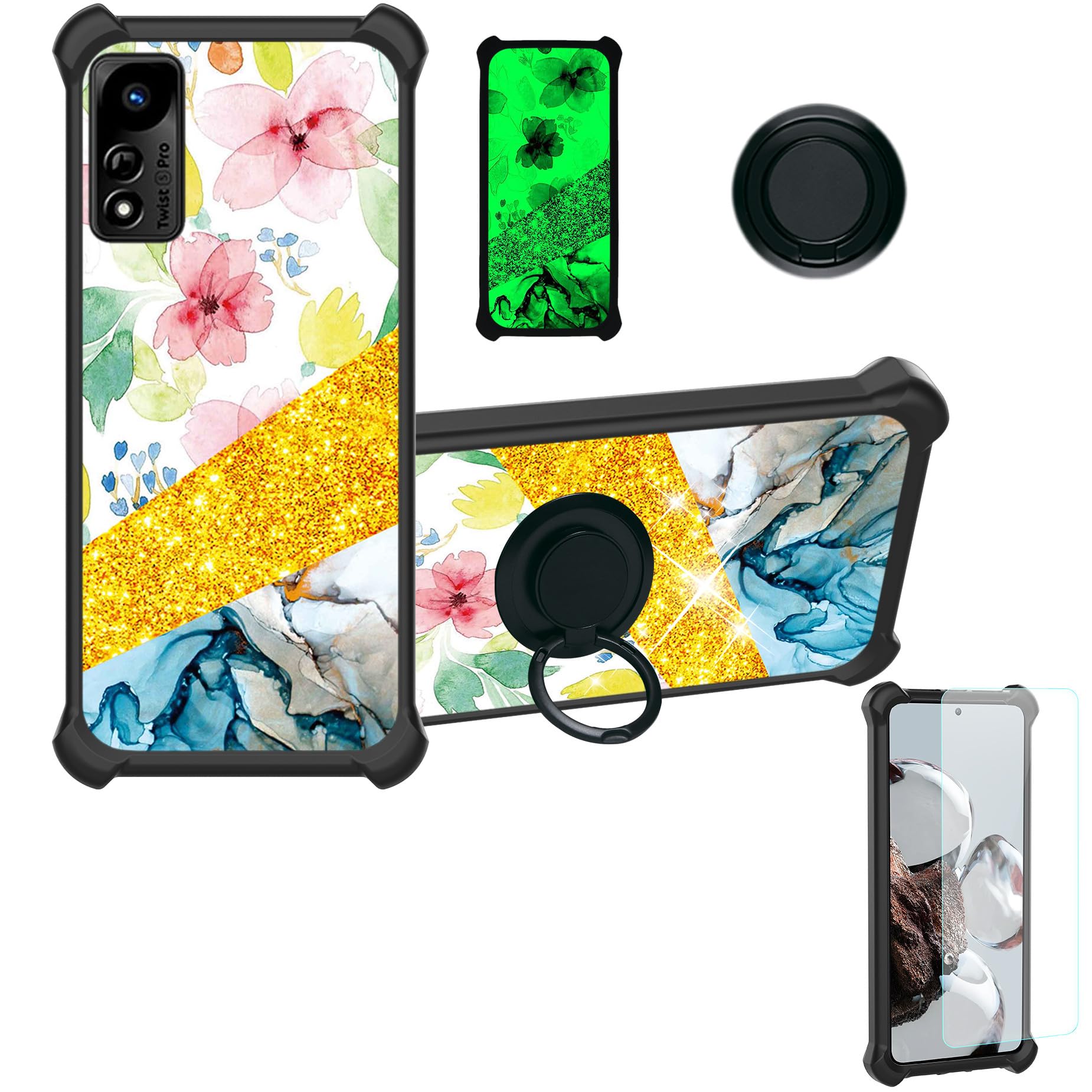 jioeuinly Case for POSITIVO Twist 5 Pro S640 Case Compatible with POSITIVO Twist 5 Pro S640 Phone Case Cover [with Tempered Glass Screen Protector][Ring Support][Gold Glitter+Luminous] JSH-SHS
