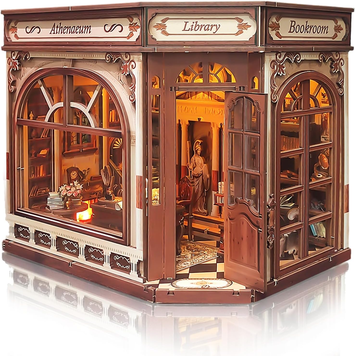BELEEV Book Nook Kit - DIY Miniature Wooden Booknook with LED Lights, Openable Door 3D Puzzle Bookend Bookshelf Decor Gift for Adults Teens - Athena's Library