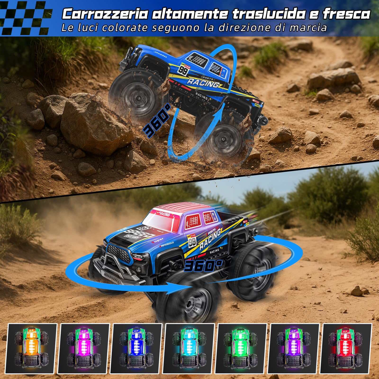 Charmofun Macchina Telecomandata Anfibia 4x4, 2.4GHz 4WD Monster Truck Telecomandato con Luci e 2 Batterie, Impermeabile Macchina Telecomandata per Bambini Regalo di Natale e Compleanno
