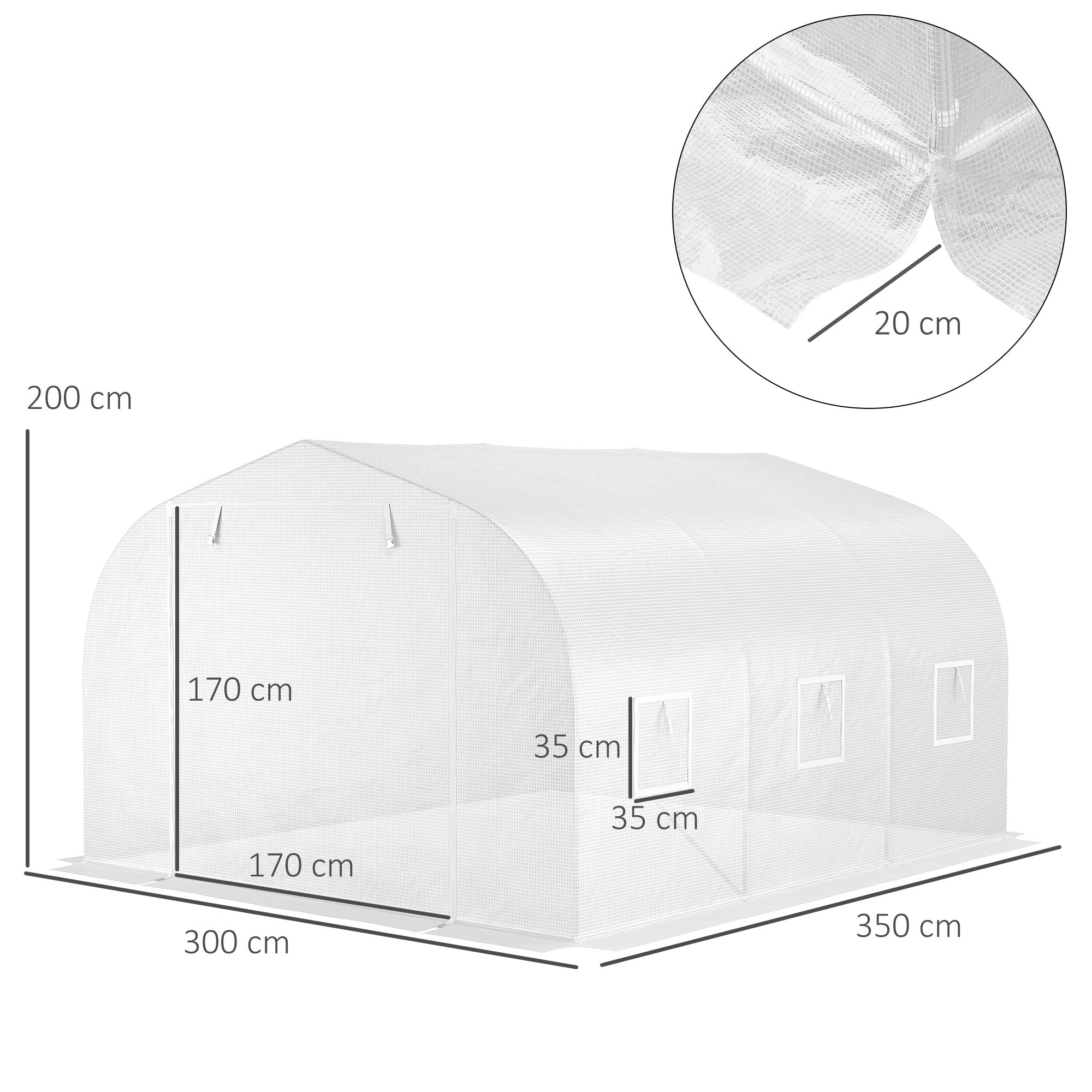 Outsunny Serre de Jardin Serre Tunnel de Jardin dim. 3,5L x 3l x 2H m Porte + 6 fenêtres enroulables Acier galvanisé bâche PE Haute densité Blanc