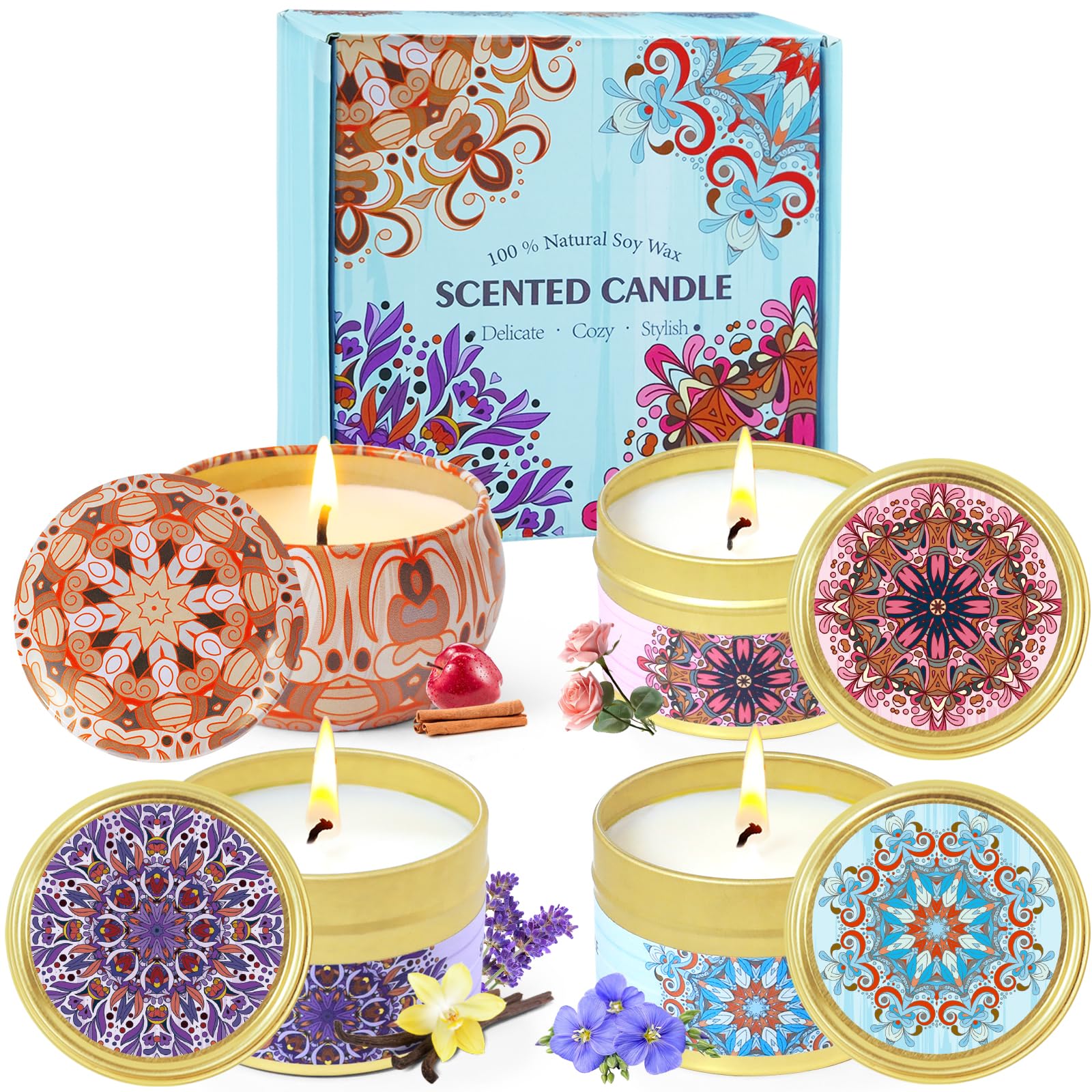 Candles Gifts for Women, Scented Candles, Soy Wax Candles Gift Set, Lavender & Vanilla, Linen, Apple Cinnamon, Sandalwood & Rose for Mother Gifts