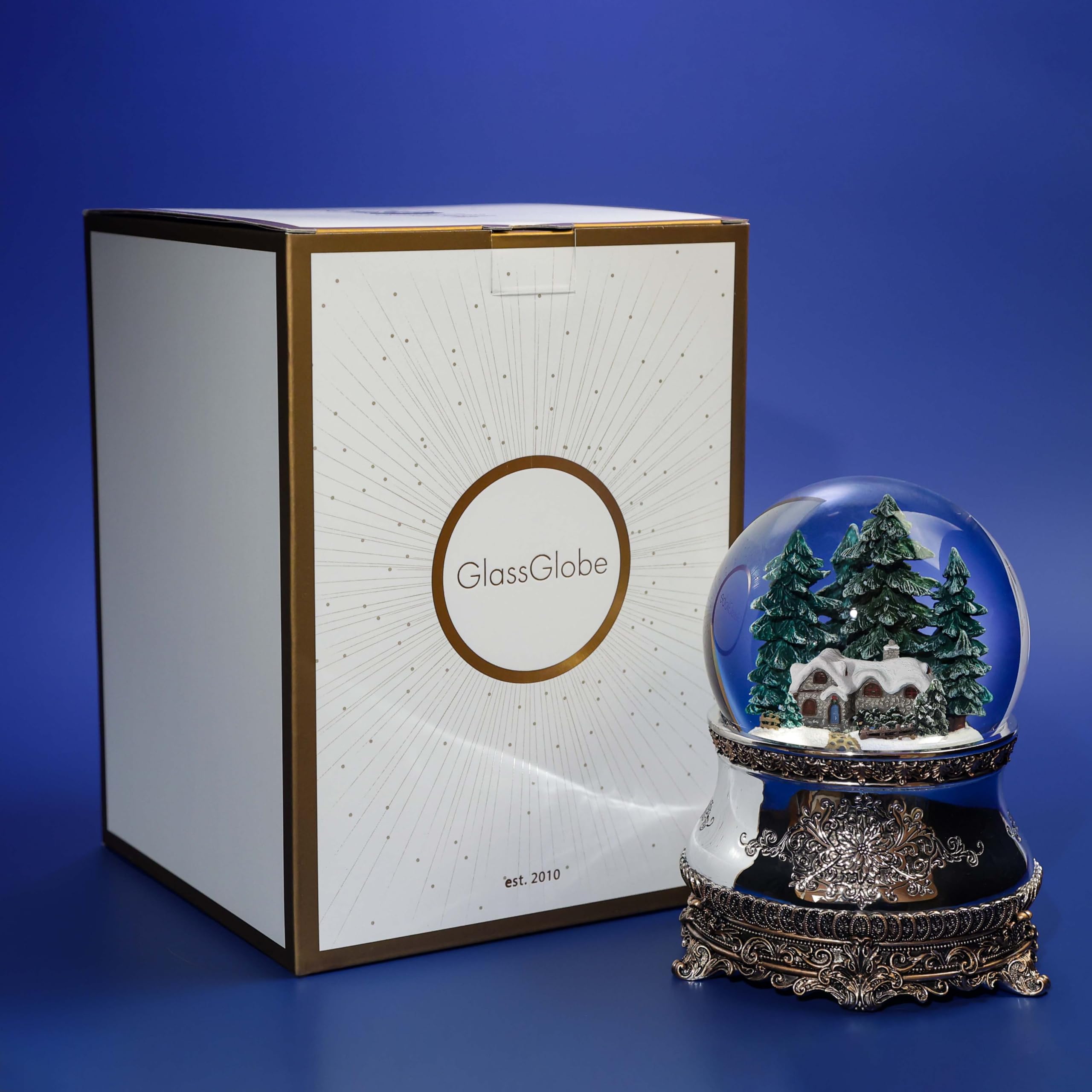 Boule à neige musicale de Noël « Pavillon de chasse », en verre, avec illuminations et tempête de neige automatique, idée cadeau