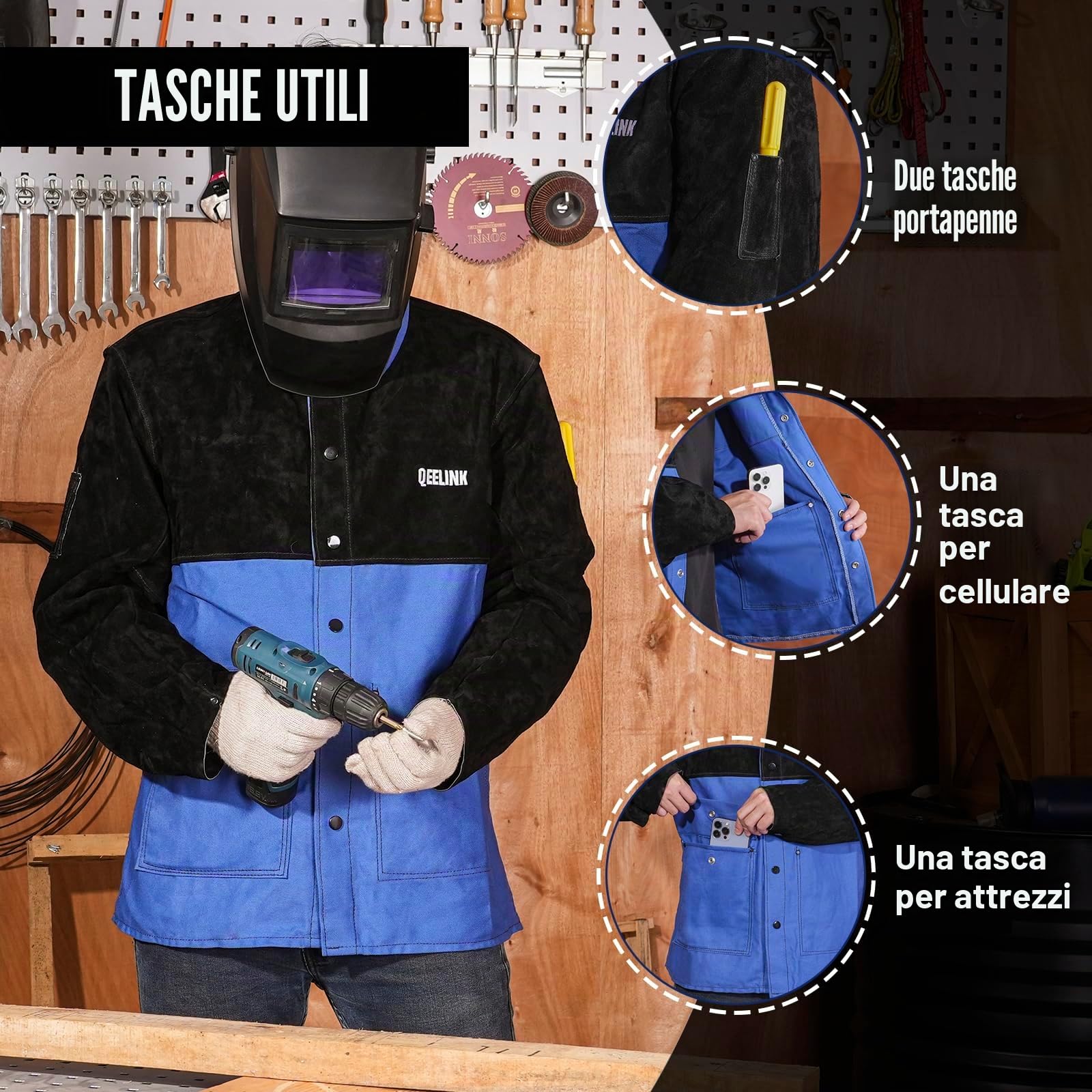 QeeLink Giacca da saldatura con maniche in pelle divisa | Giacche saldatrici in cotone resistente alle fiamme di alta qualità