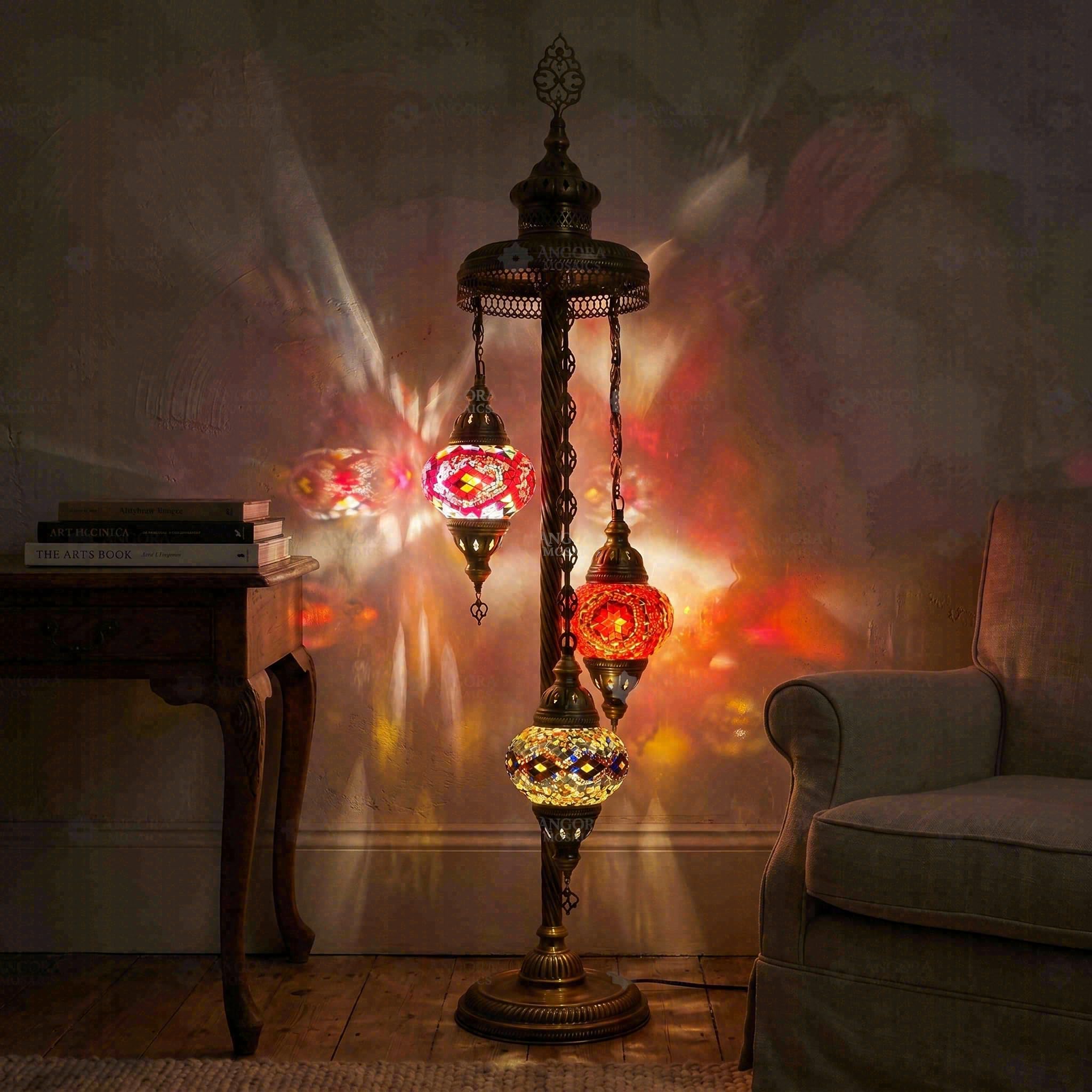 ENVA Lampada da terra a mosaico turco, 3 globi rossi e ambrati, decorazione bohémien marocchina fatta a mano