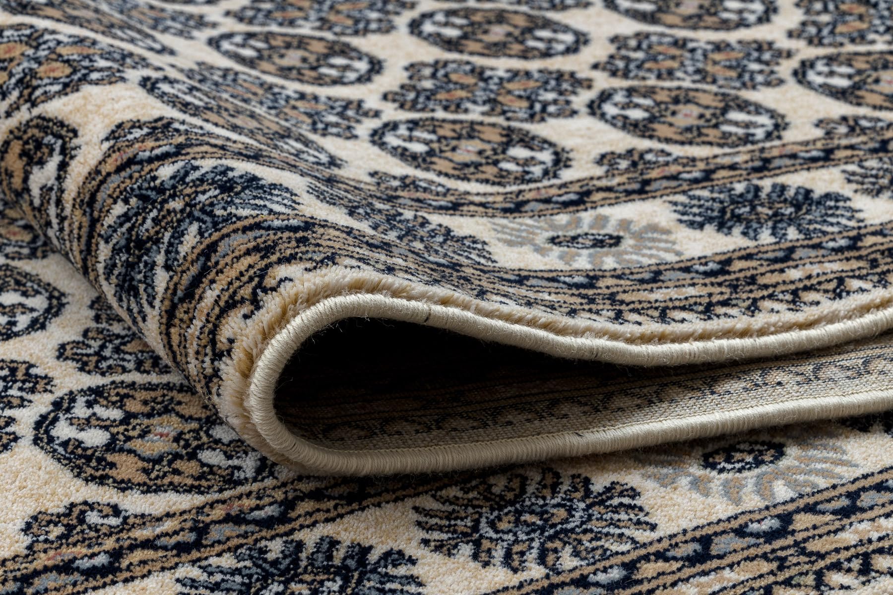 rugsx NAIN Läufer - Hochwertiger Wollteppich mit Rosettenmuster in Beige & Dunkelblau - Eleganter Orient-Teppich für Flur & Wohnzimmer 80x200 cm