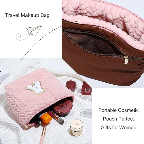 Miniatura 4 de Bolsa de maquillaje rosa personalizada con inicial, bolsa de aseo grande, monograma, regalos para mujeres y cumpleaños, Blanco, 40