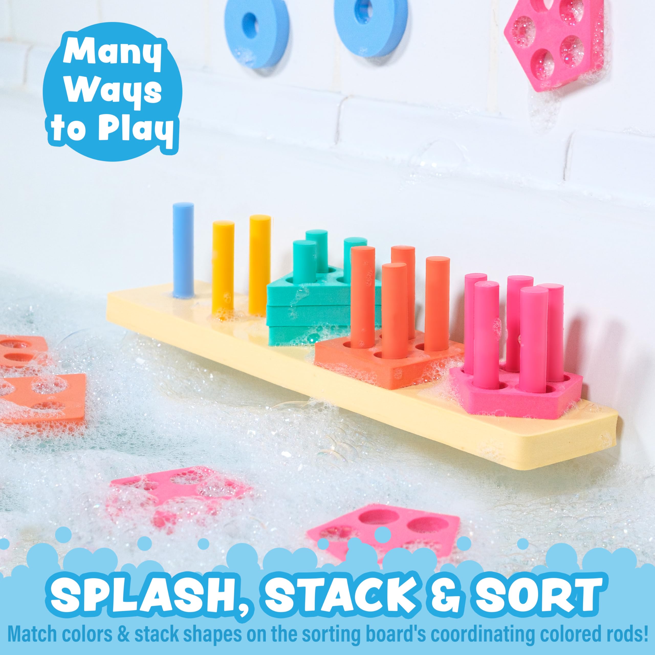 Splash, Stack & Sort - Juguete de baño para niños pequeños | 20 piezas de espuma | Clasificación de colores y apilamiento de formas Juguetes de baño para niños | Flotadores y se adhiere a 3
