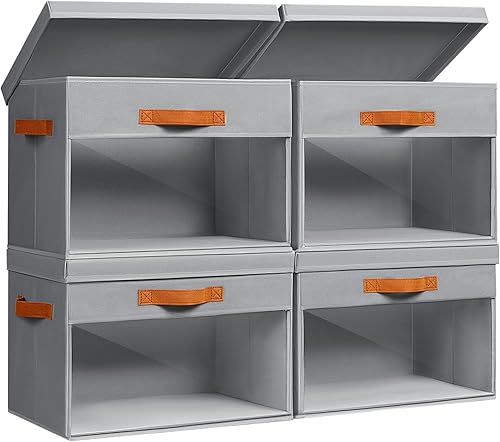 Contenedores de almacenamiento grandes con tapas, paquete de 4 organizadores decorativos plegables con ventanas y asas transparentes, organizadores