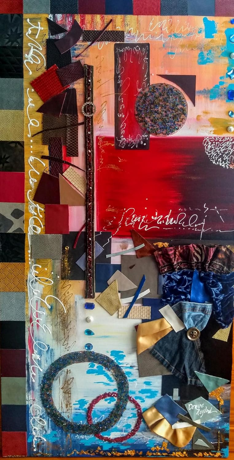NiNi's Fine Art Original Large Handmade Mixed Media Collage Painting with Beads Fabric Buttons Art Decor for Wall Decorations
