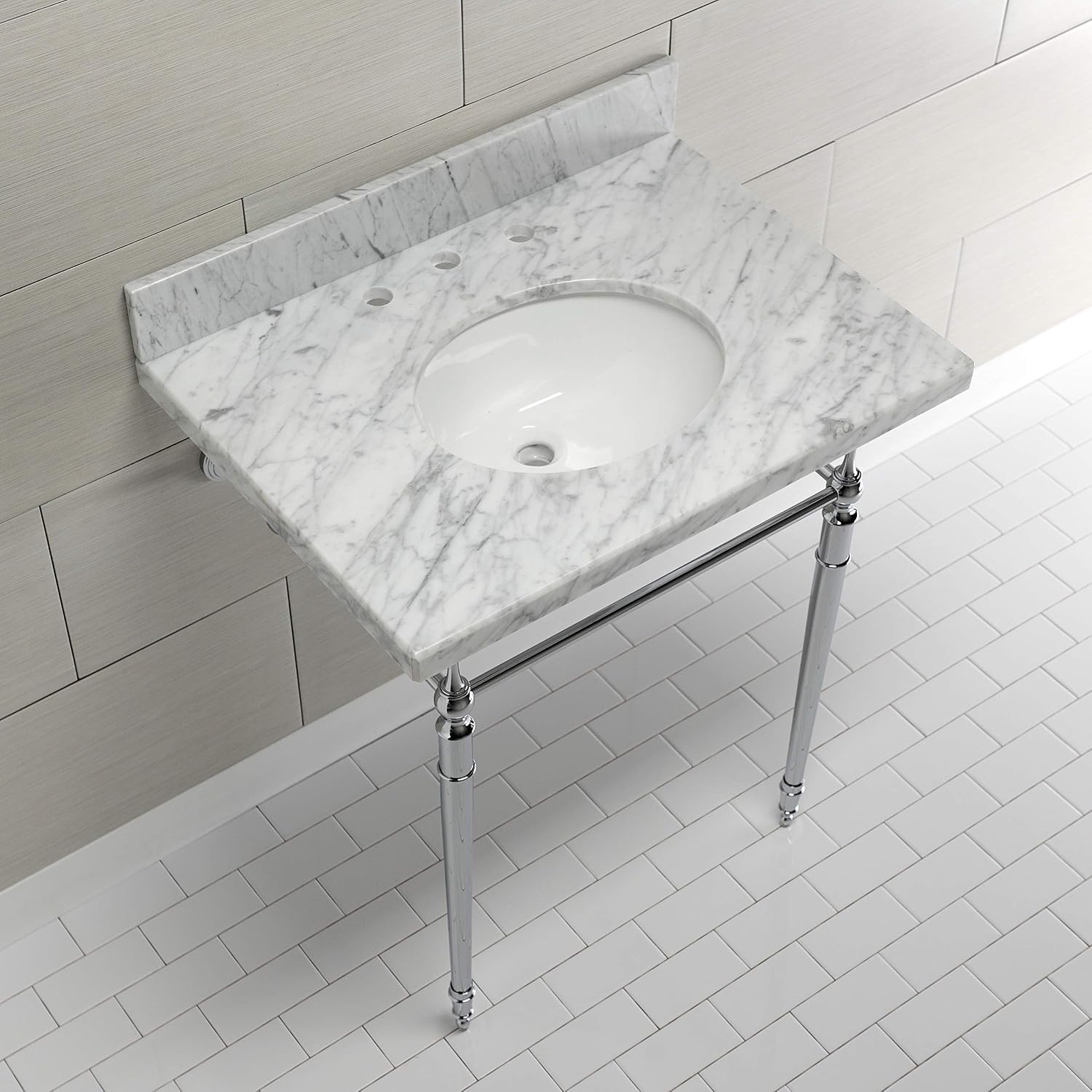 Kingston Brass KVPB3022M81 Edwardian 30" Console Sink with Brass Legs (8-Inch, 3 Hole), Marble White/Polished Chrome