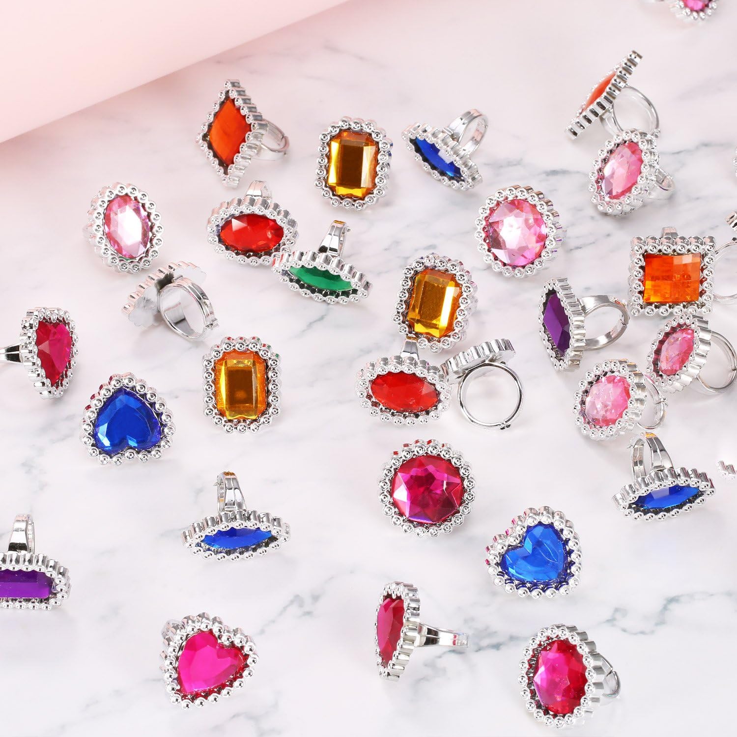 Shappy 250 Pcs Colorful Plastic Rings for Kids Adjustable Costume Jewelry Rings for Princess Carnival Dress up Bridal Shower Party Accessories (Heart,Round,Oval,Square,Rectangular)