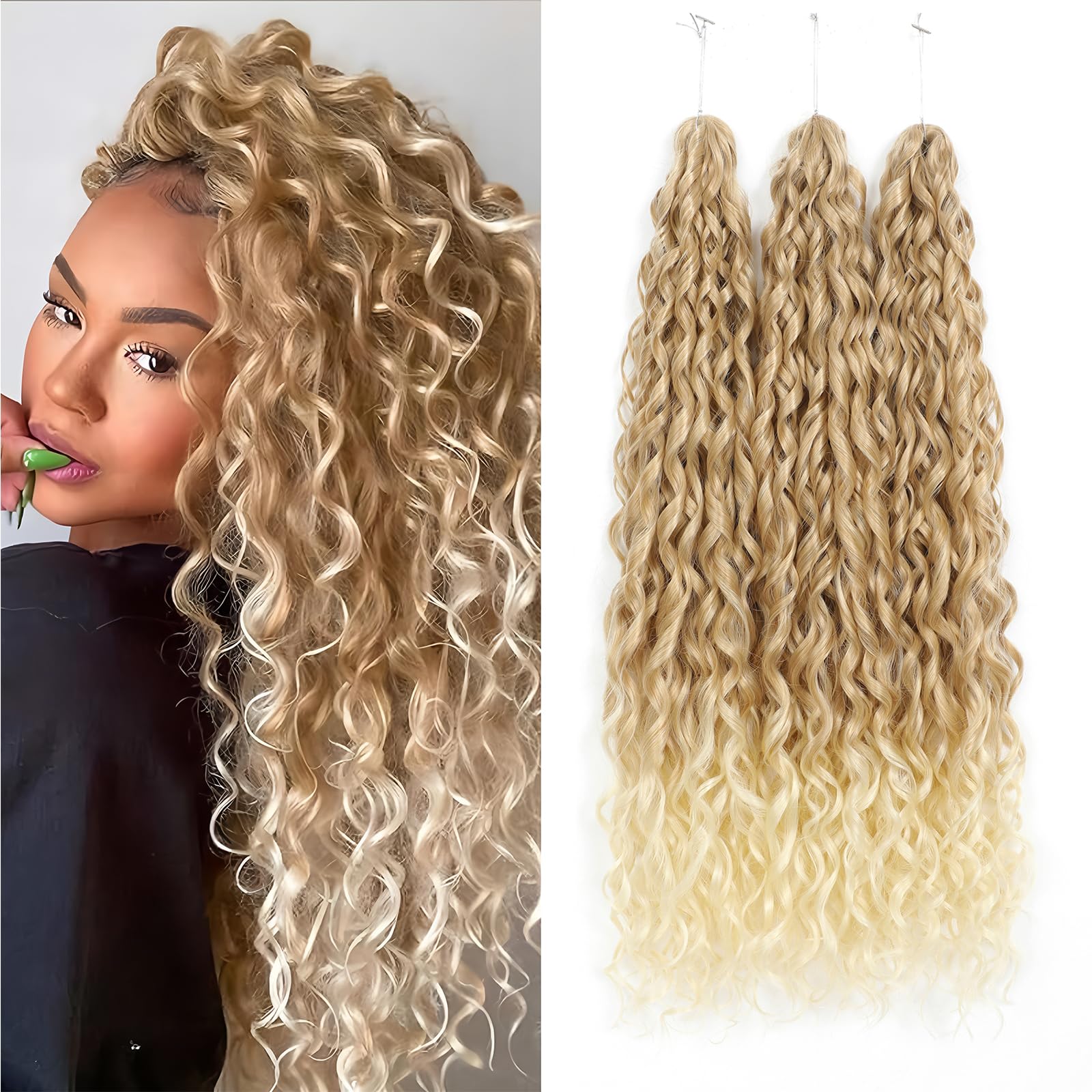 24Inch Deep Wave Twist Curly Crochet Hair Extensions 3Pack Deep Wavy Air Curl Bulk Hair Synthetic Boho Braids Water Wave Crochet Hair Extension for Women (T27/613