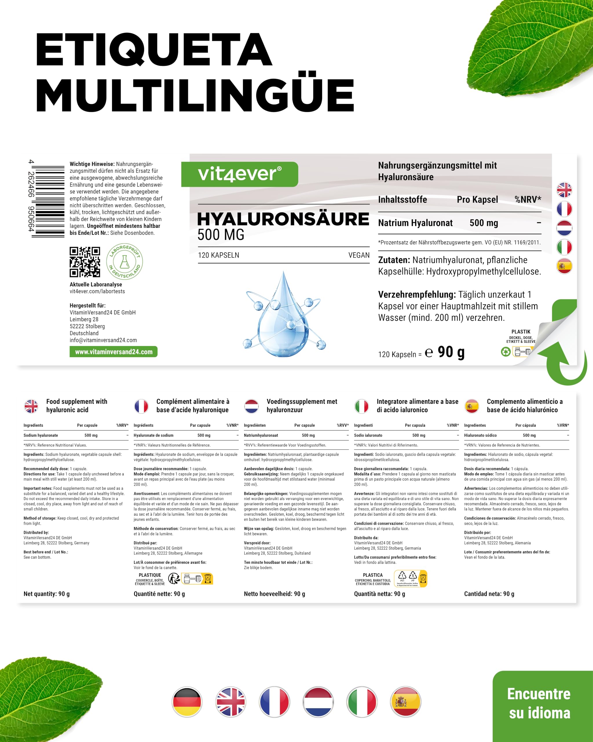 Ácido hialurónico - 120 cápsulas con 500 mg de hialurónico para 4 meses - 500-700 kDa - De fermentación vegetal - Sin aditivos indeseables, alta dosis, vegano