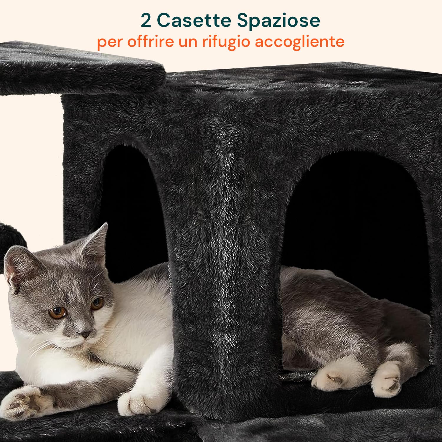 Tiragraffi XXL 170cm con Doppia Cuccia per Gatti Adulti, Albero Giochi in Sisal e Peluche, Piatteforme Relax, Ampio e Sicuro per il Massimo Divertimento dei Gatti Nero