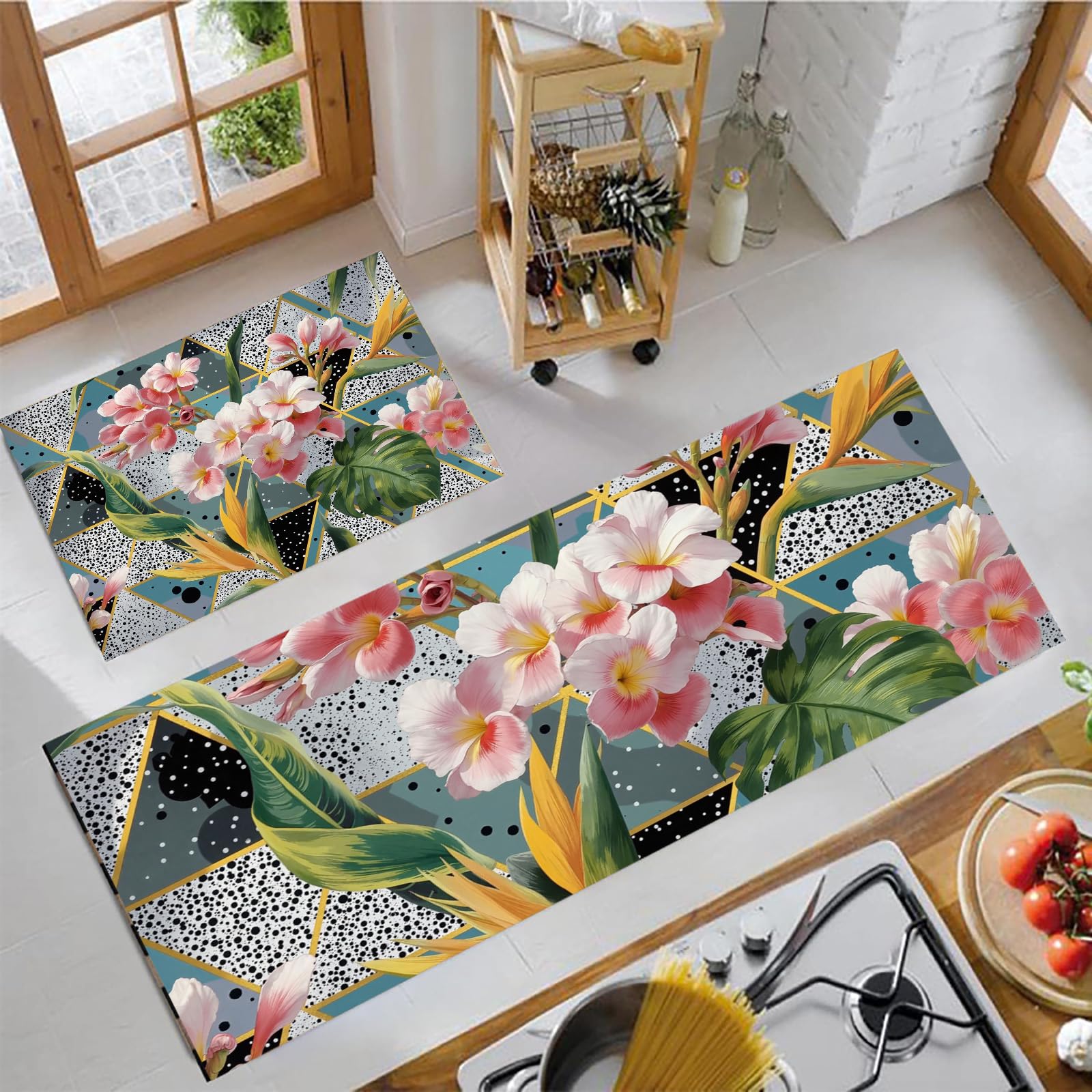 Alfombra de cocina lavable de 2 piezas, tapete antideslizante floral verde y rosa de 40x120