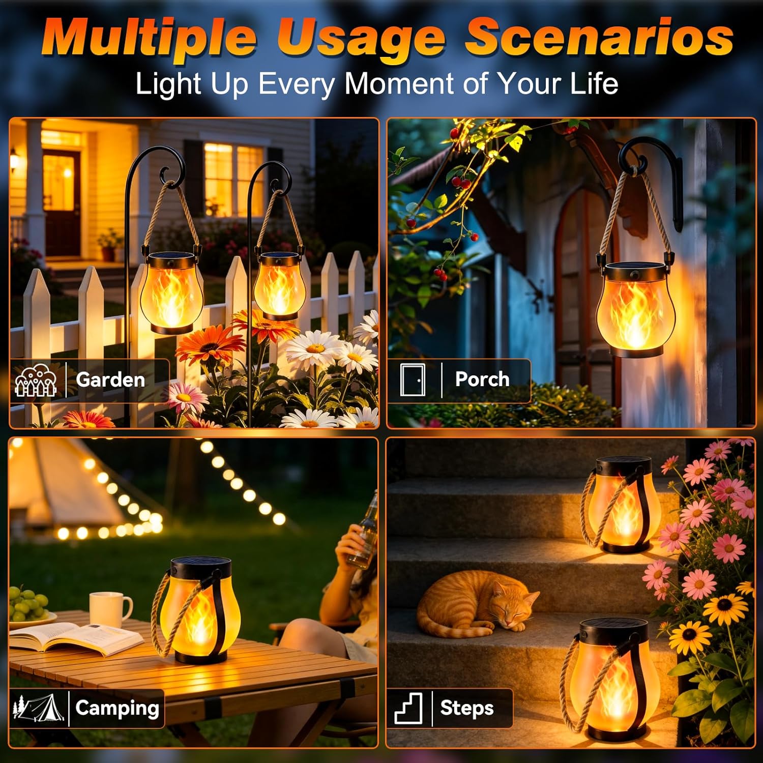 Solar Lanterns Outdoor Waterproof, Flickering Flame Solar Lights with Dual Charging USB & Solar, Hanging Decorative Lanterns for Garden Patio Yard Porch Table Decor, 2 Pack