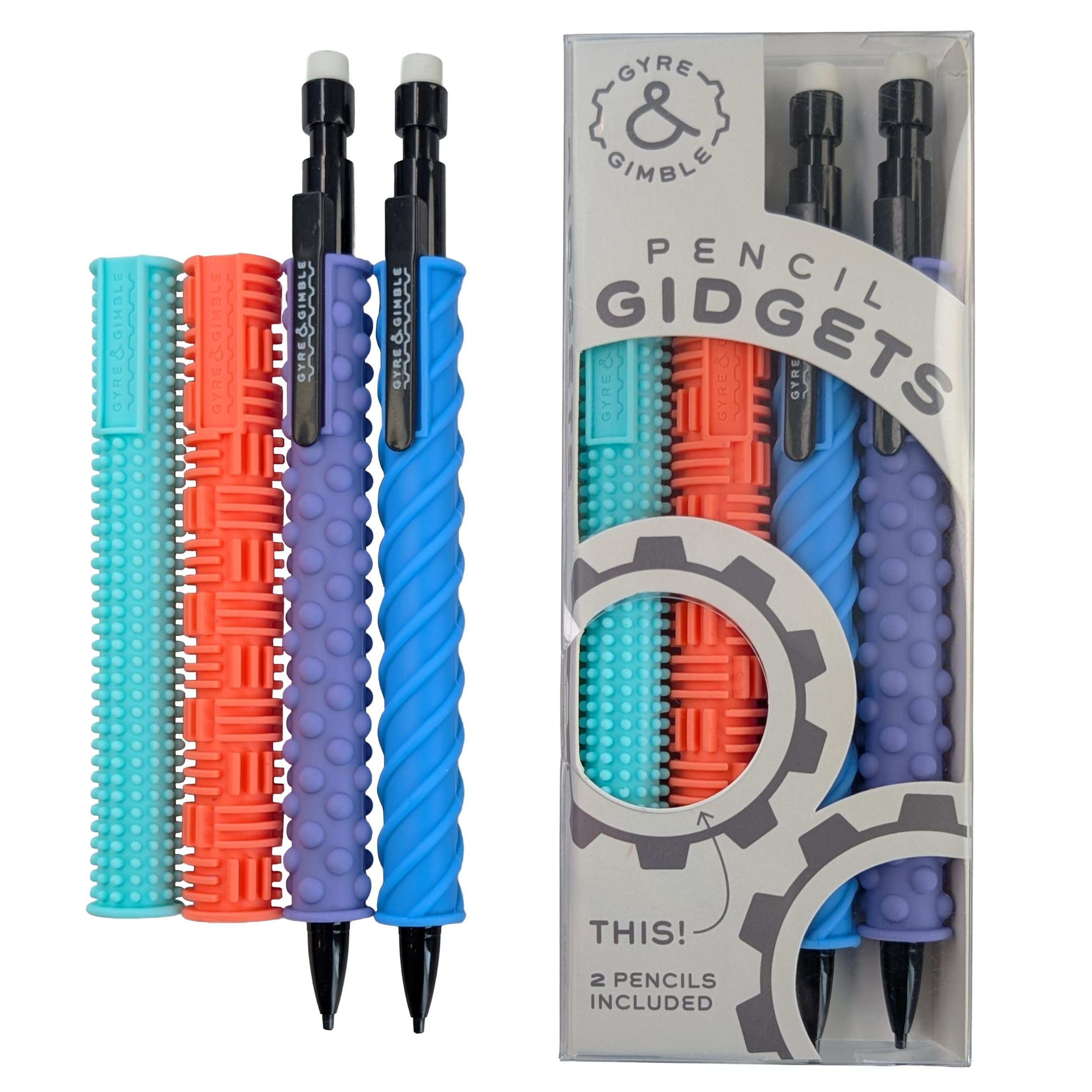 Gyre & Gimble Pencil Gidgets–Textured Silicone Pencil Sleeve for Serene and Quiet Fidgeting–Transform Your Mechanical Pencil into a Whimsical Tool of Focus and Tranquility – 4 Sleeves & 2 Pencils