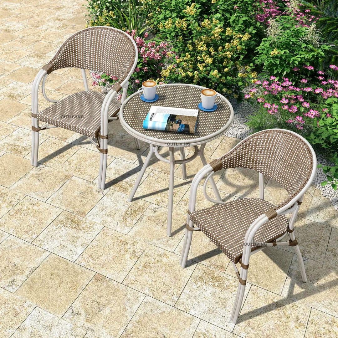 OUTLIVING Rattan Wicker Garden Patio Seating Chair and Table Set Outdoor Garden Balcony Round Coffee Table Set Furniture Bistro Sets (2 Chair 1 Table) Brown-image-35