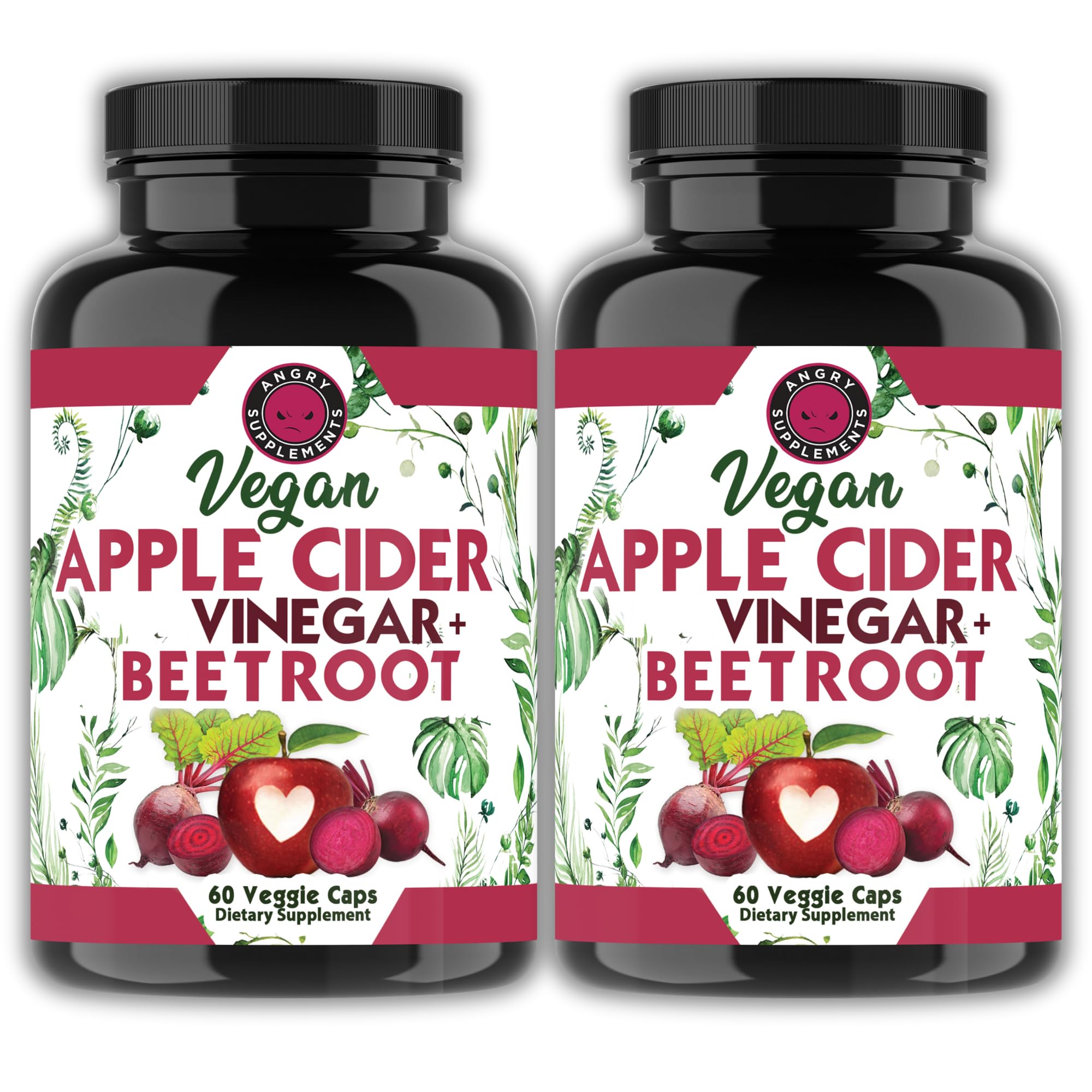Angry Supplements Vegan Apple Cider Vinegar + Beet Root Veggie Capsules for Men and Women– 500mg Apple Cider Vinegar & 500mg Beet Root per Serving (2-pack/120ct)