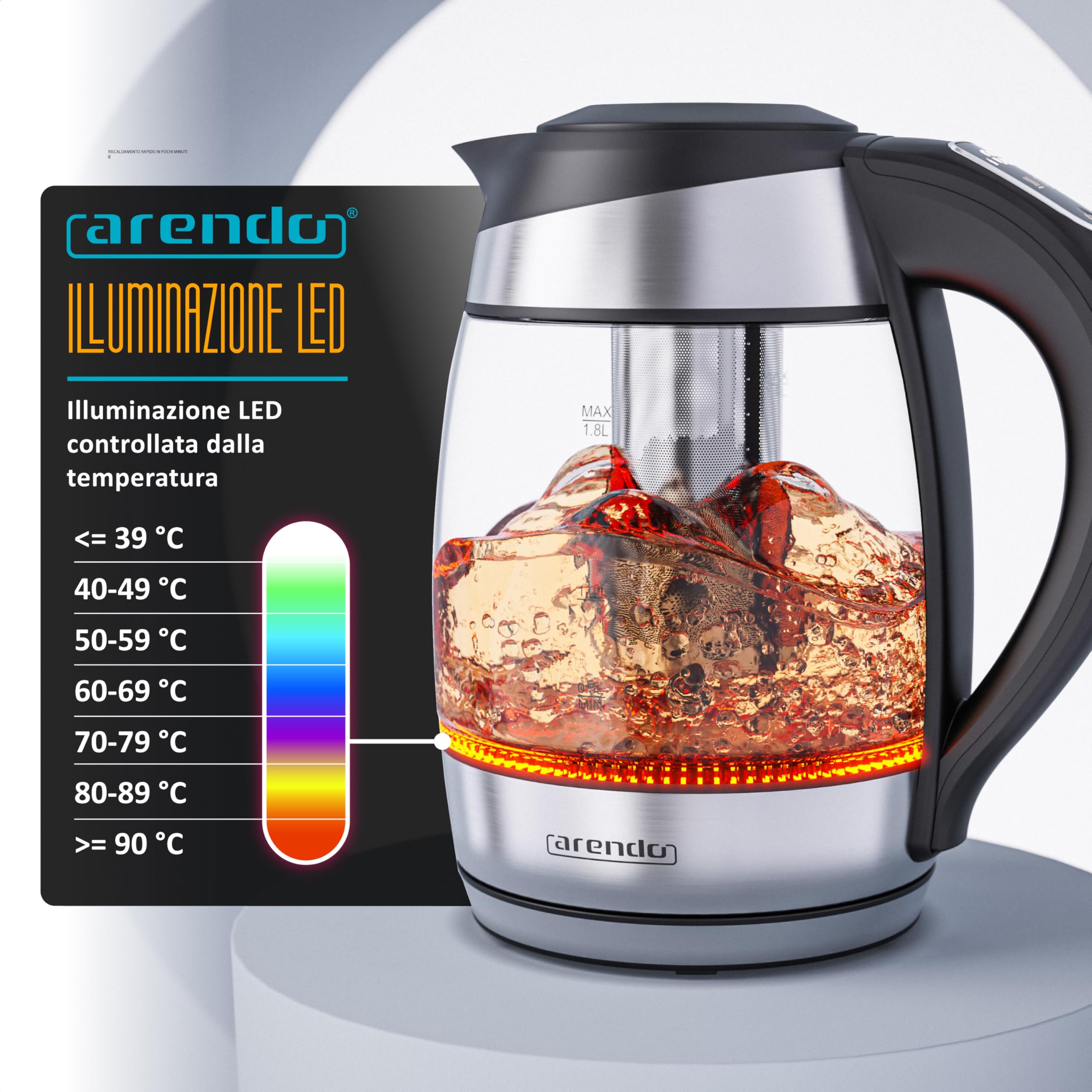 Arendo - Bollitore in vetro da 1,8 litri con filtro per il tè, 2200 Watt, In acciaio inossidabile, Intervallo di temperatura da 40 °C a 100 °C, Funzione di mantenimento in caldo, Illuminazione LED
