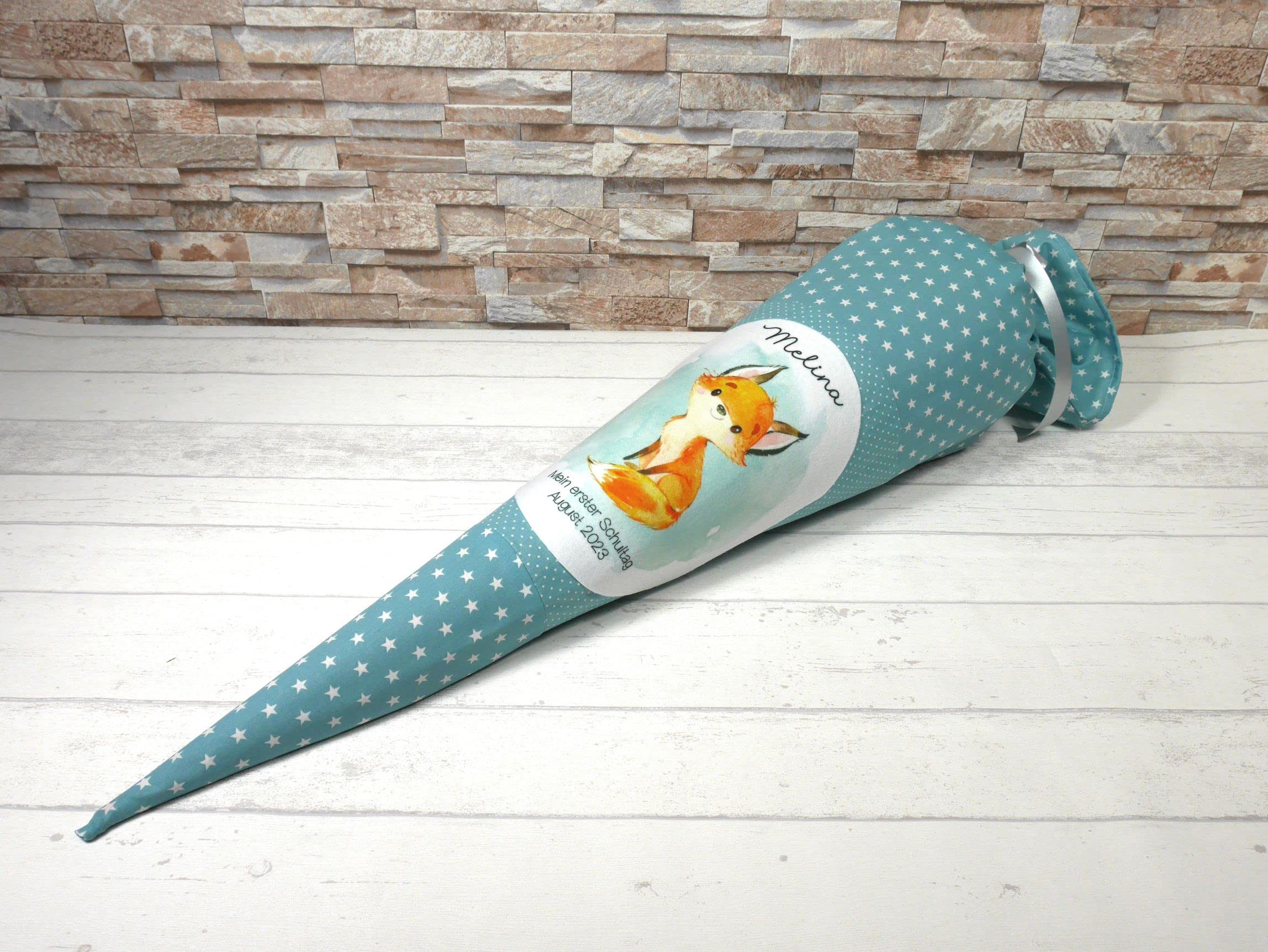 Schultüte aus Stoff altgrün mit Name Fuchs Zuckertüte 70cm oder 85cm mint