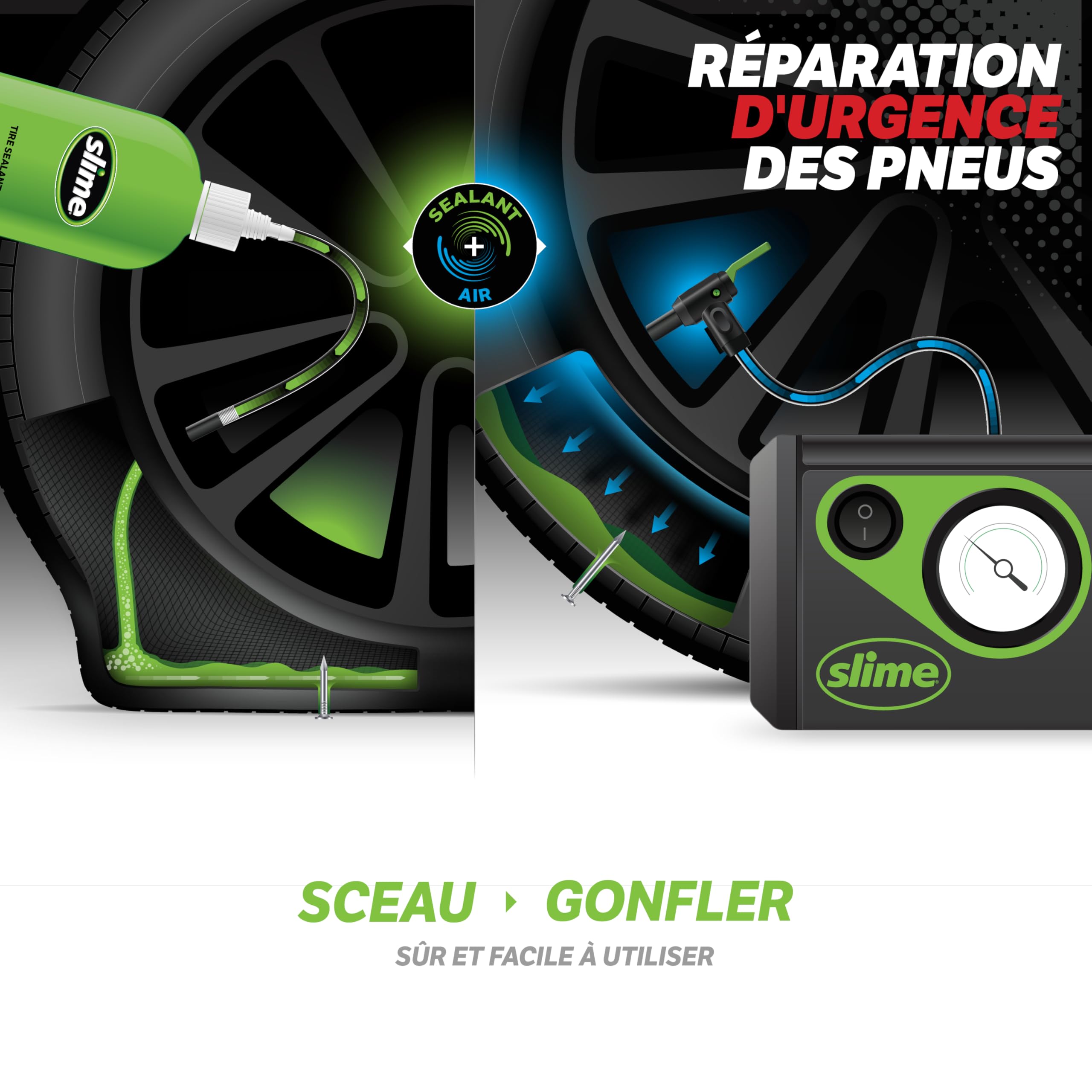 Slime CRK0305-IN, Réparation de Crevaison, Smart Repair, Kit d’Urgence Pneus Voitures, Comprend Le Produit Anti-crevaison et la Pompe, pour Voitures et Autres Véhicules Routiers, Réparation en 15 Min