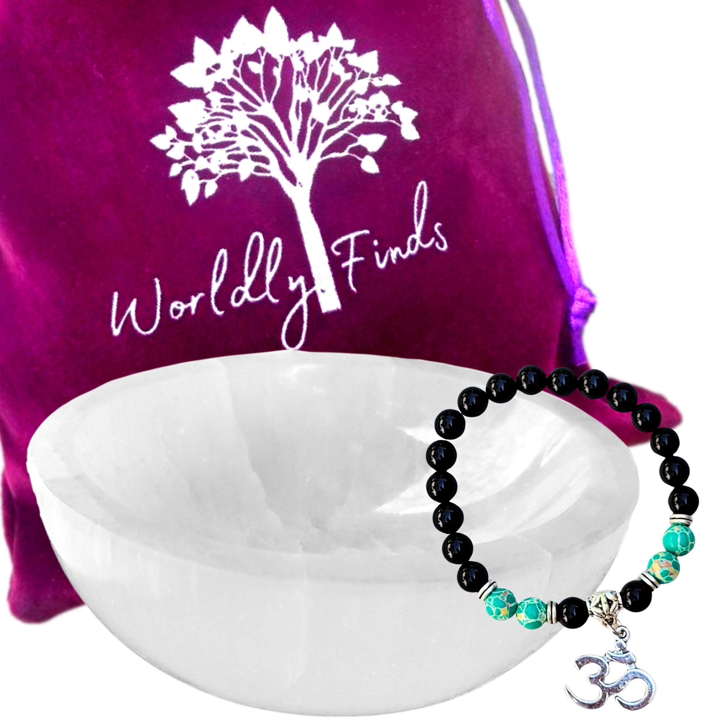 Selenite Bowl Crystal Charging Bowl & Crystal Stone & Lava Bracelet OM Gift Set - Hand-Carved, Crystal Holder to Charge & Cleanse, Selenite Offering Bowl, Spiritual Gifts (Crysocolla Lava OM)