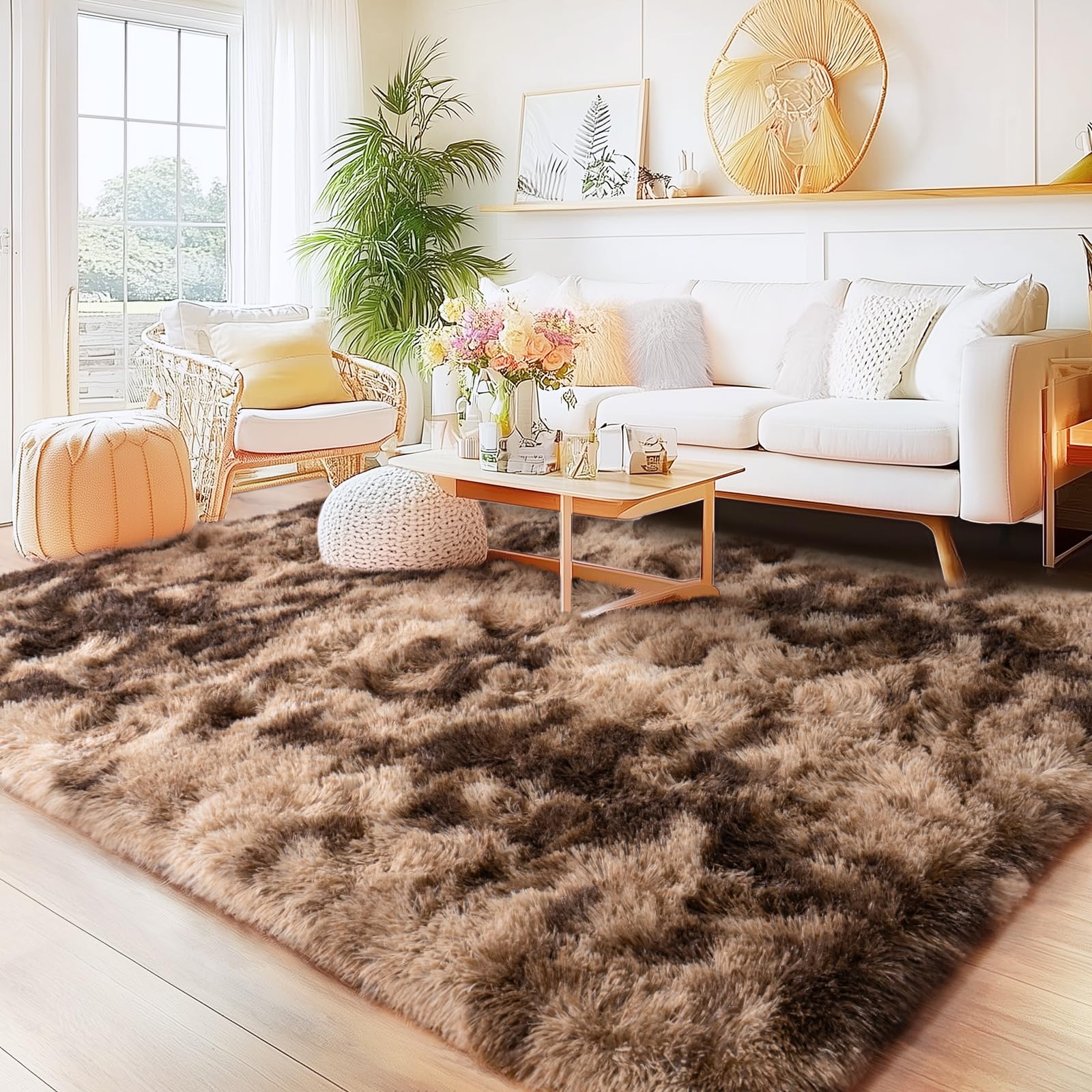 Quntue 5x7 Rugs for Bedroom, Ultra Fluffy Fuzzy Shag Area Rug for Living Room, Modern Plush Soft Upgrade Non-Slip Carpet for Kids Girls and Boys, Dorms, Nursery, Home Decor Aesthetic, Tie-Dyed Brown