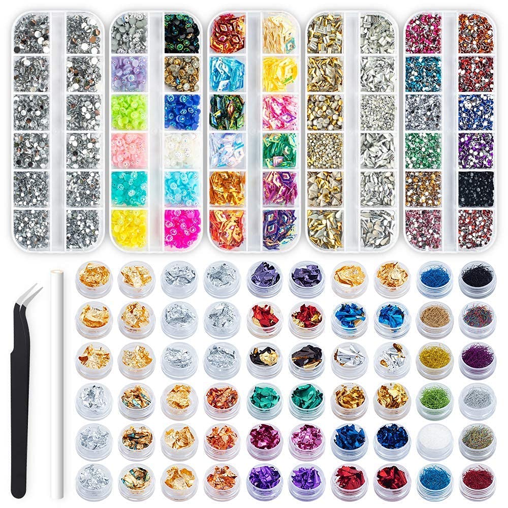 Artdone 5 boxes 11440 pcs Nails Rhinestones Nail Gems Nail Diamonds and 60 Pots Foils Flakes, professional Crystals Nail Decoration Gems Jewels Diamond for Nails Stud Foil for Nails Art