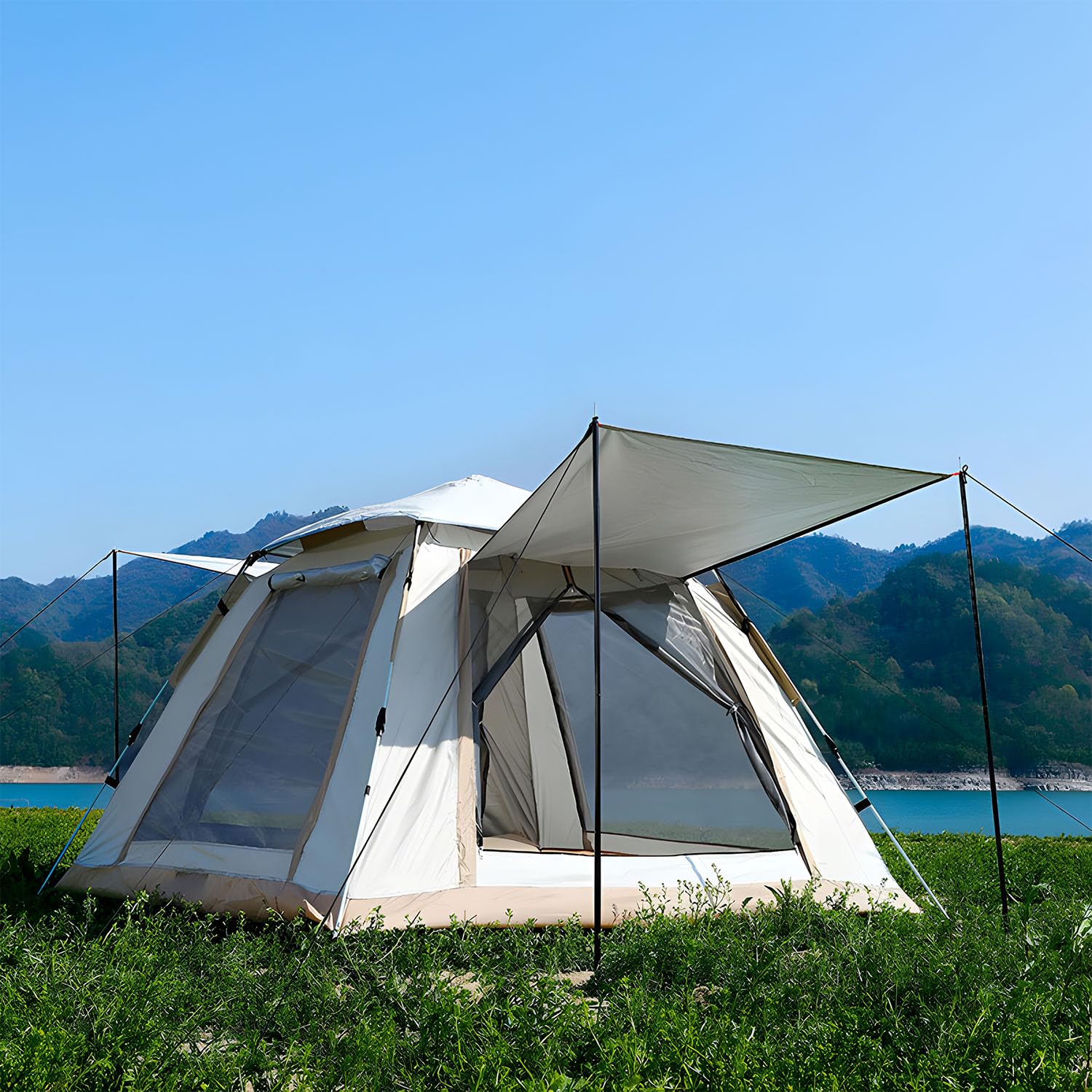 X spring Camping Tent, 3-5 Person family Automatic Instant Tent, With Carry Bag, Foldable Outdoor Tent with Mesh Windows 2 Doors, Waterproof Windproof Pop Up Tent for Camping, Hiking (240× 240× 155cm)