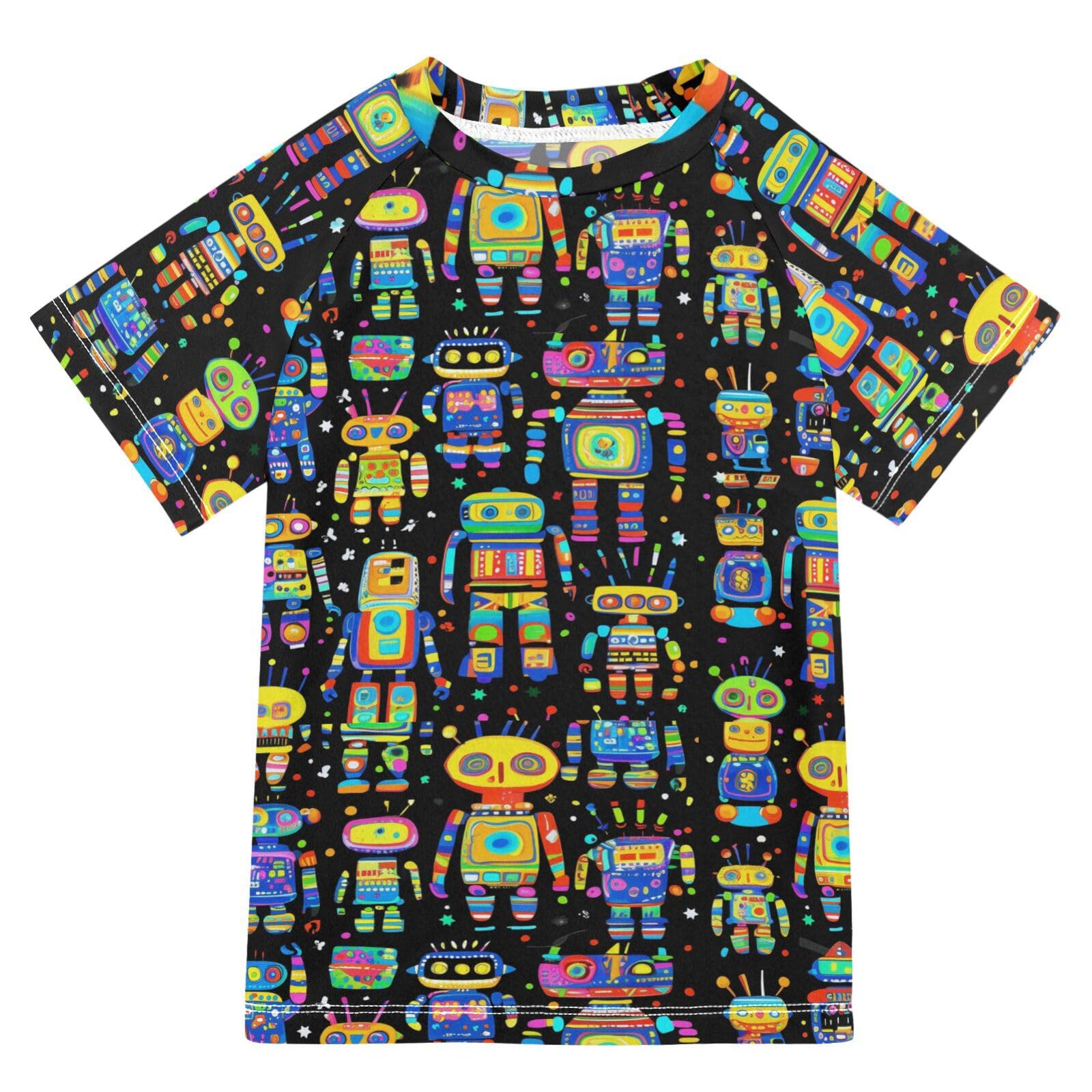 ALAZA Boys Swim Shirts Toddler Rash Guard Short Sleeve Rashguard Colorful Robots UPF 50+ 11-12T