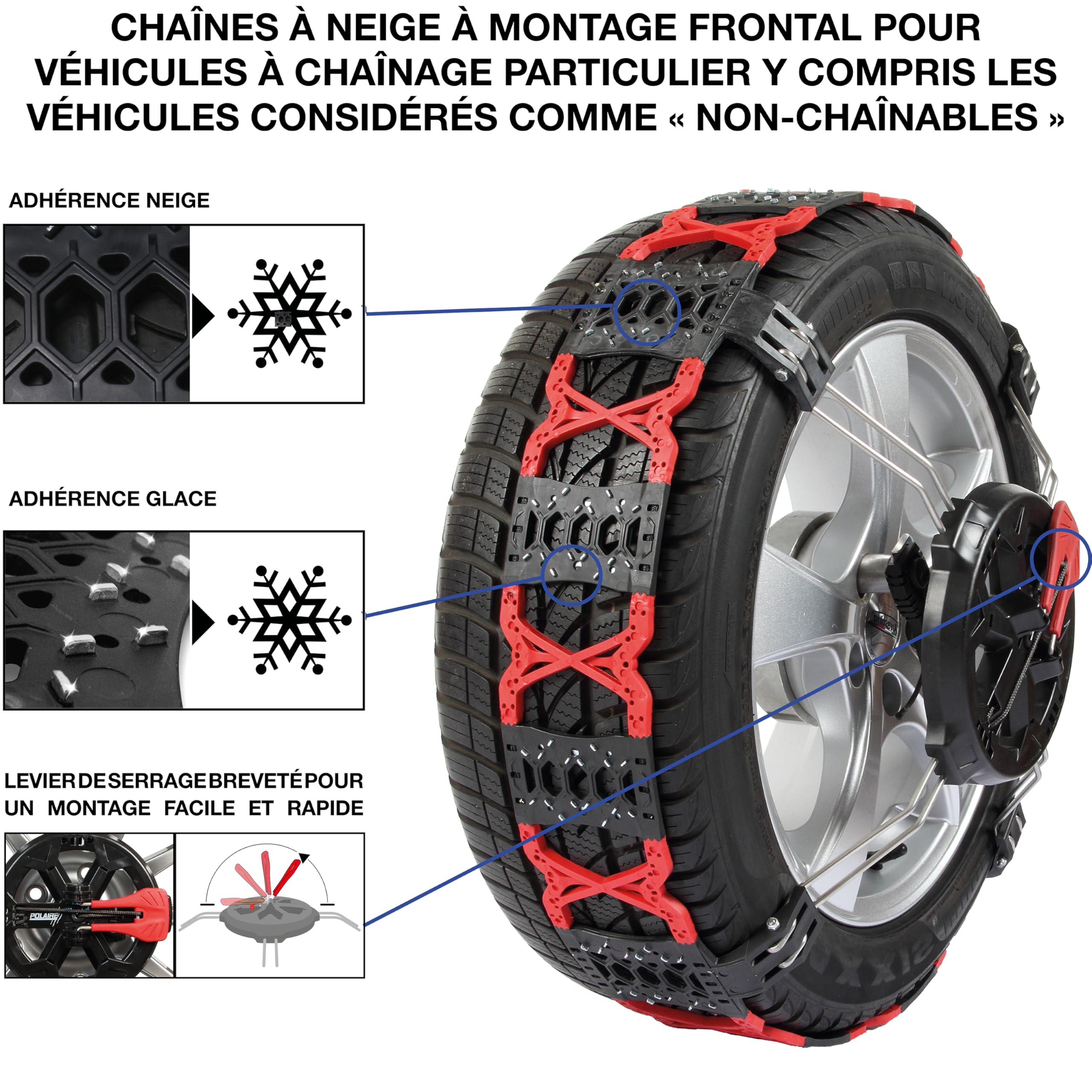 Polaire Grip - Paire de Chaines à Neige Frontales Pour Pneu Auto - Adhérence et Grip d'une Chaine - Sur Neige et Glace - Tension et Montage Rapide et Facile - Tension et Centrage automatiques (120)