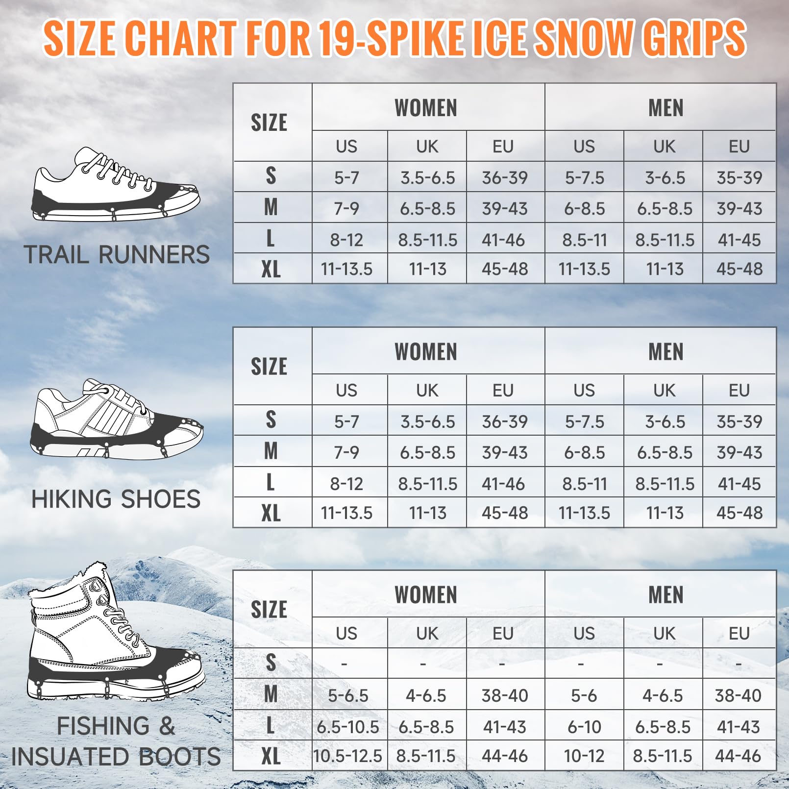 Steigeisen,Eiskrallen für Schuhe und Stiefel,Schneekrallen mit 19 Edelstahl Spikes für Winterwanderungen, Angeln und Spaziergänge im Freien