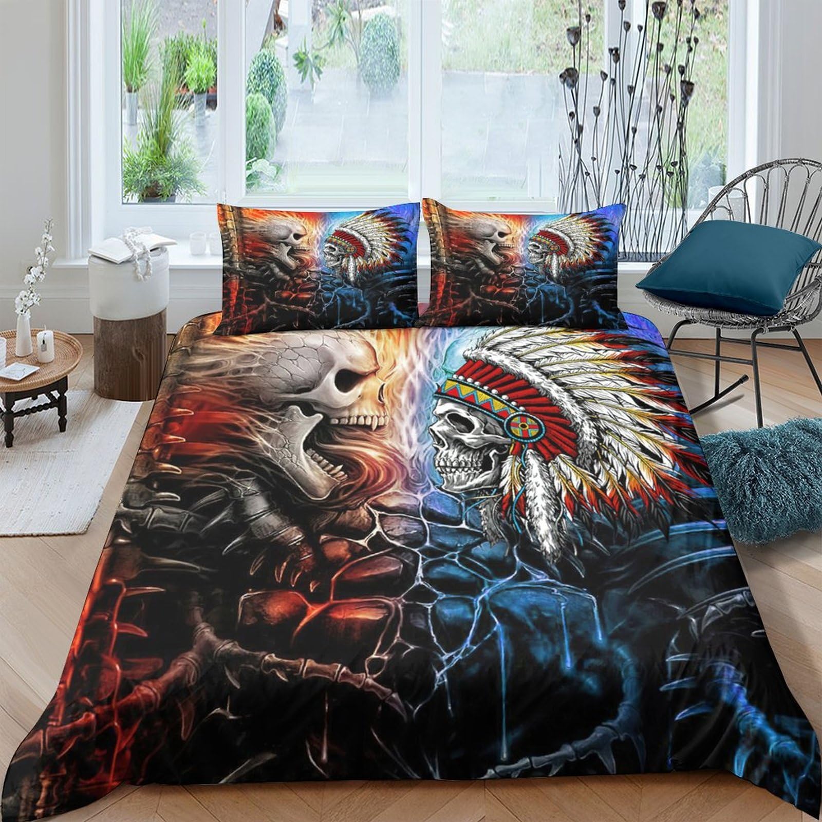 Ctjqhvkz Style-1 3D Printed Skull Native Headdress Fitted Sheet Microfiber Soft Anti-Slip Bed Cover For Bedroom Dorm Home Decor Single（135X200cm）