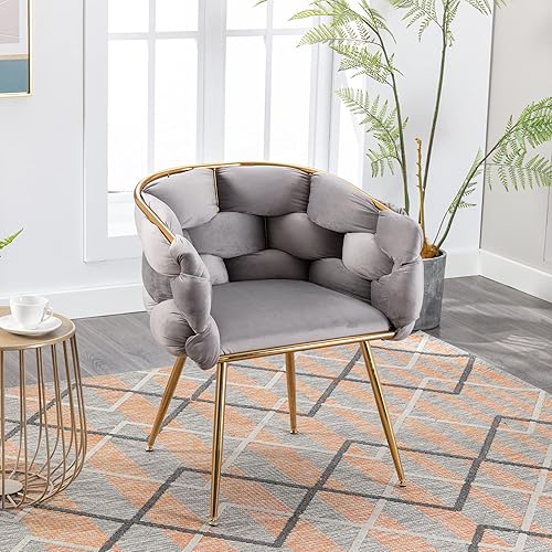 Miniatura 10 de Kakotito Silla de lujo hecha a mano con patas doradas, moderno sillón de terciopelo para sala de estar y dormitorio, Silla de Acento (beige)