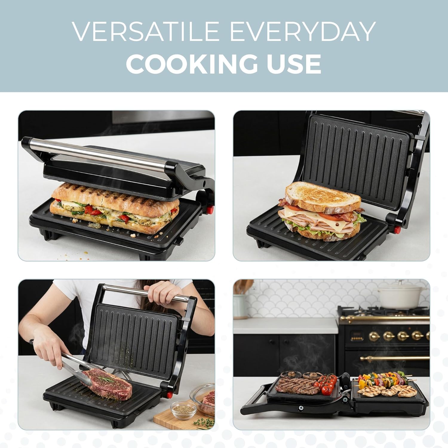 Alpha Living Electric Griddle Panini Press Sandwich Maker – Stainless Steel Panini Grill Press Sandwich Maker with Aluminum Griddle – Non-Stick Coating – 180-Degree Hinge for Thick and Thin Foods
