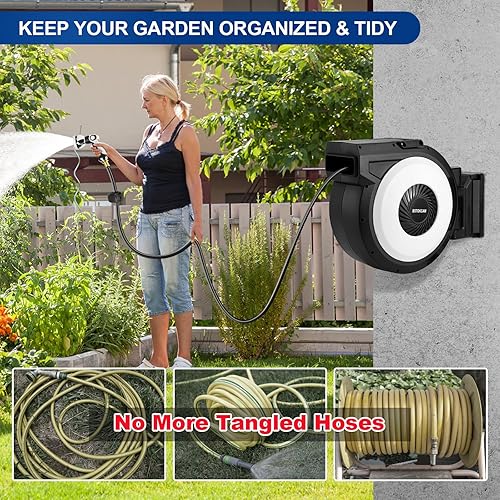 Miniatura 2 de Carrete retráctil de manguera de jardín de 58 pulgadas por BSTOKCAM, manguera de goma híbrida, carretes de manguera de agua resistente,