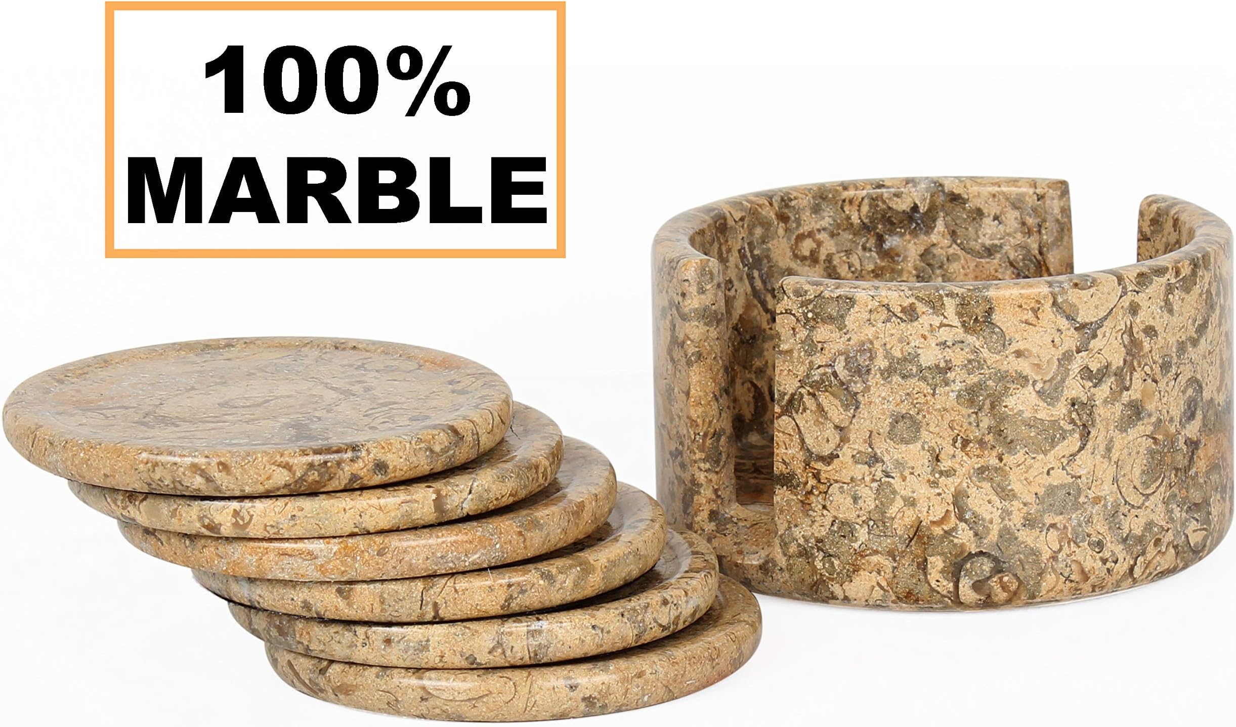 Coaster Set for Drink Cup Pad, Handmade Marble Mug Round Coasters Set – Warming Stone Women Spoon Rest, Extreme Caddy Absorbent with Holder (Brown Fossil Coral)