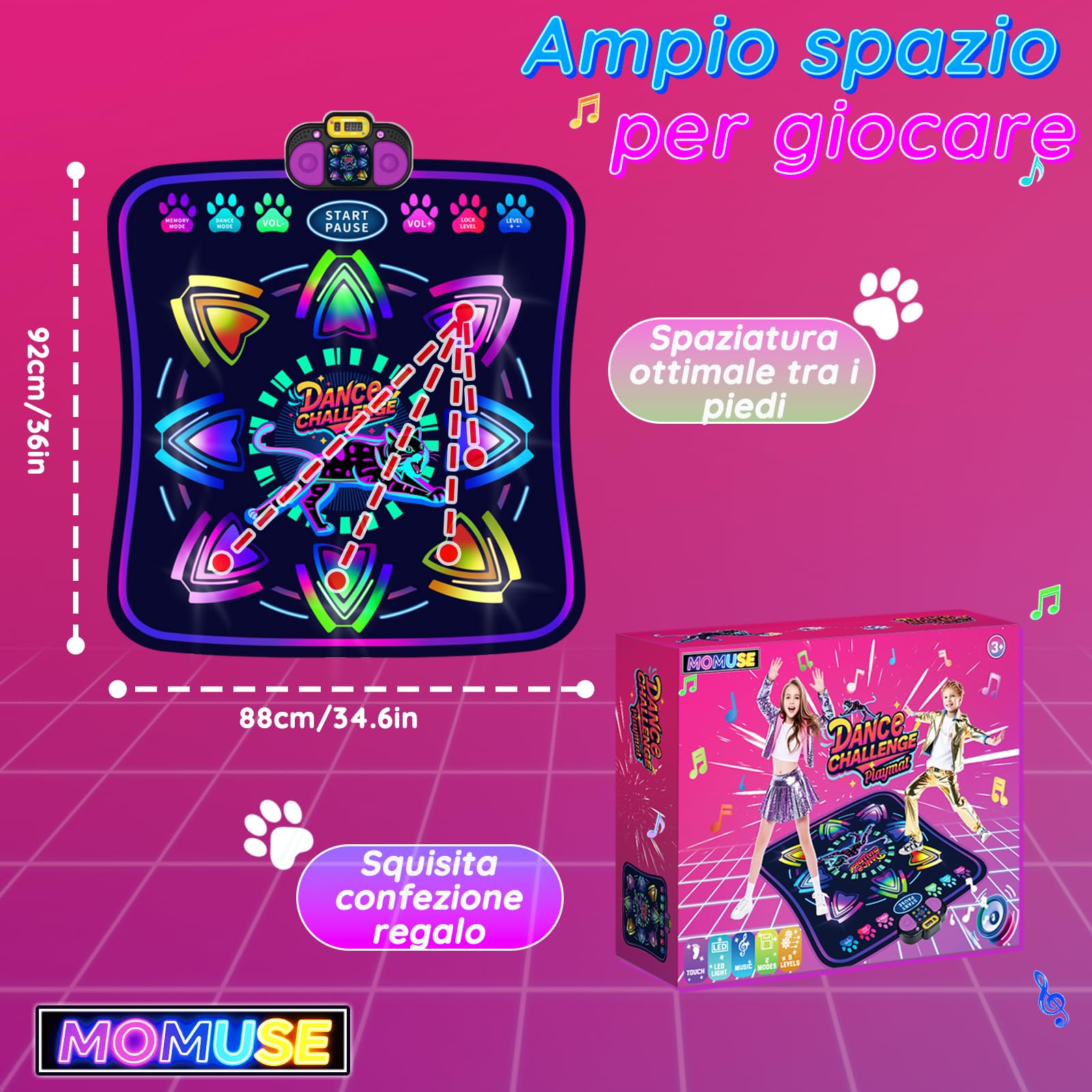MOMUSE Tappetino da Ballo per Bambini, 2 modalità, Tappeto Musicale | Display Illuminato e 9 Livelli, Volume a 5 Livelli, Giocattolo Regali Compleanno per Ragazzi Ragazze 3 4 5 6 7 8